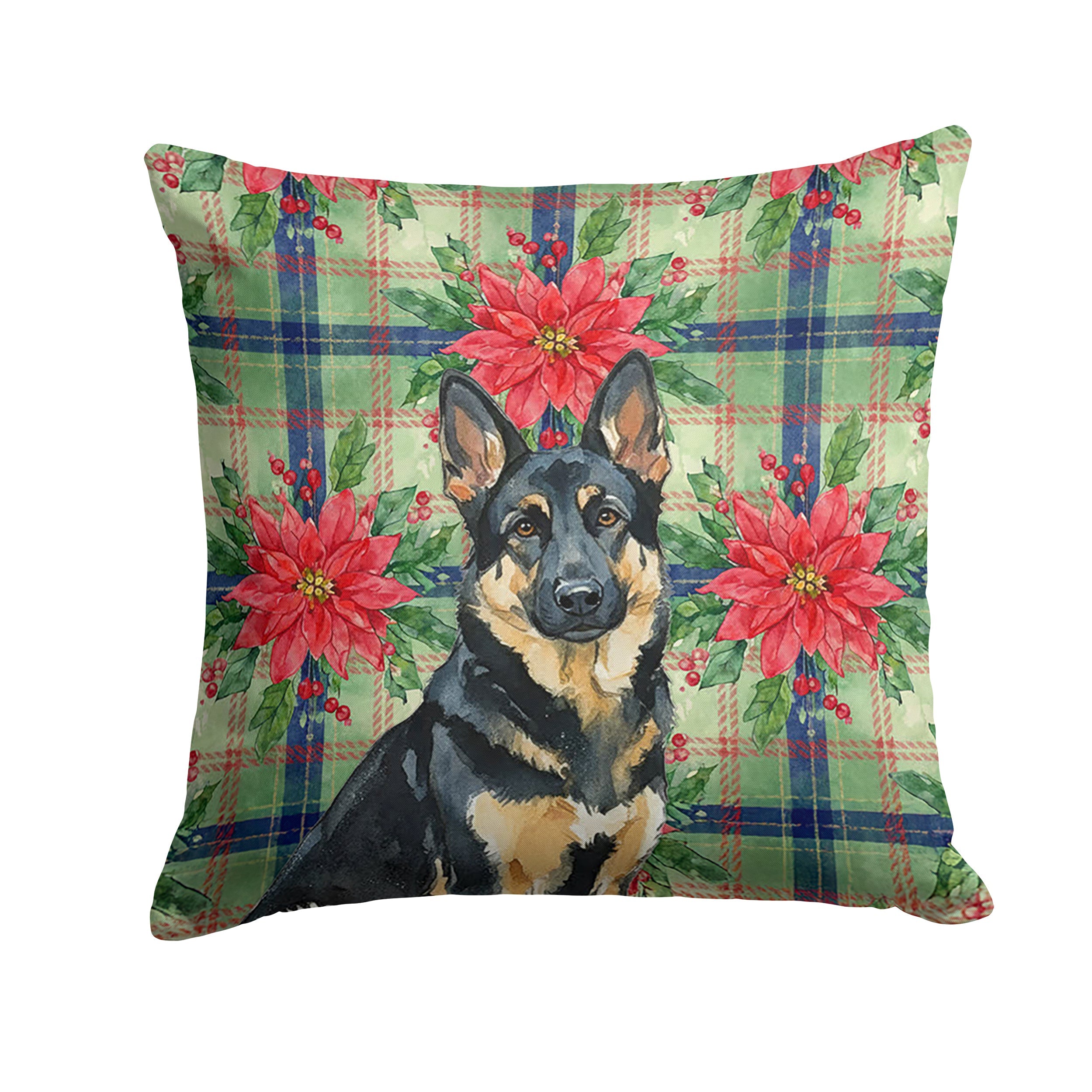 Black and Tan German Shepherd Christmas PoinsettIas Decorative Throw Pillow 18x18 Indoor Outdoor Accent Cushion, Fabric Cover with Insert for Sofa, Bed, Porch & Living Room