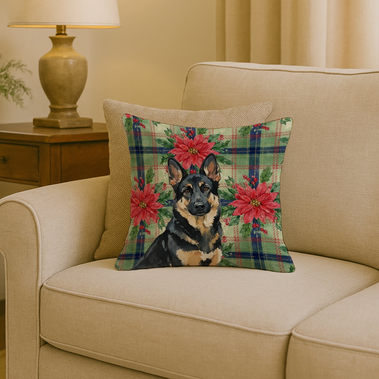 Black and Tan German Shepherd Christmas PoinsettIas Decorative Throw Pillow 18x18 Indoor Outdoor Accent Cushion, Fabric Cover with Insert for Sofa, Bed, Porch & Living Room