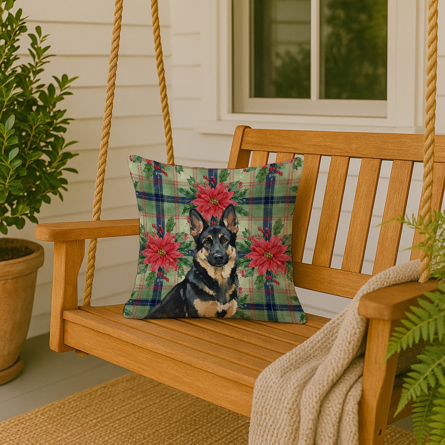 Black and Tan German Shepherd Christmas PoinsettIas Decorative Throw Pillow 18x18 Indoor Outdoor Accent Cushion, Fabric Cover with Insert for Sofa, Bed, Porch & Living Room