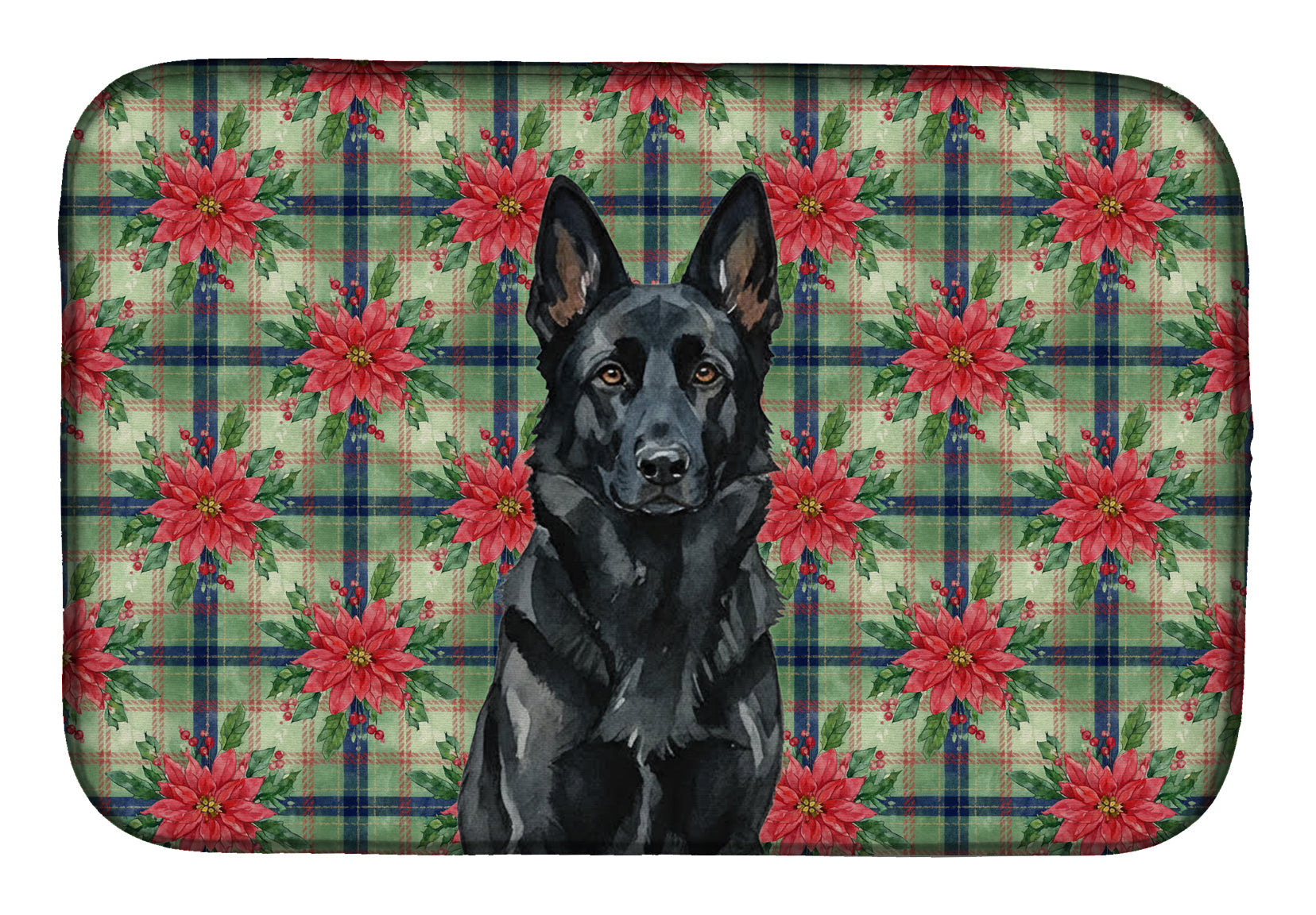Black German Shepherd Christmas PoinsettIas Dish Drying Mat Absorbent Dish Drying Mat Pad for Kitchen Counter Dish Drainer Mat for Countertop, 14 x 21", Multicolor