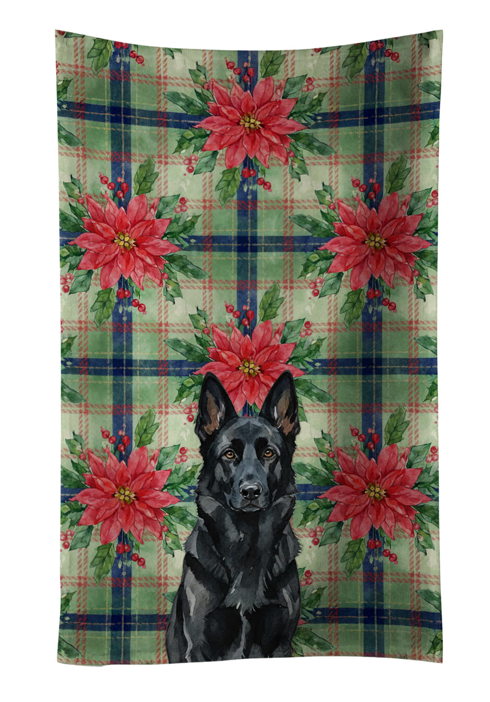 Black German Shepherd Christmas PoinsettIas Kitchen Towel Velour Plush Front and Cotton Loop Back Machine Washable