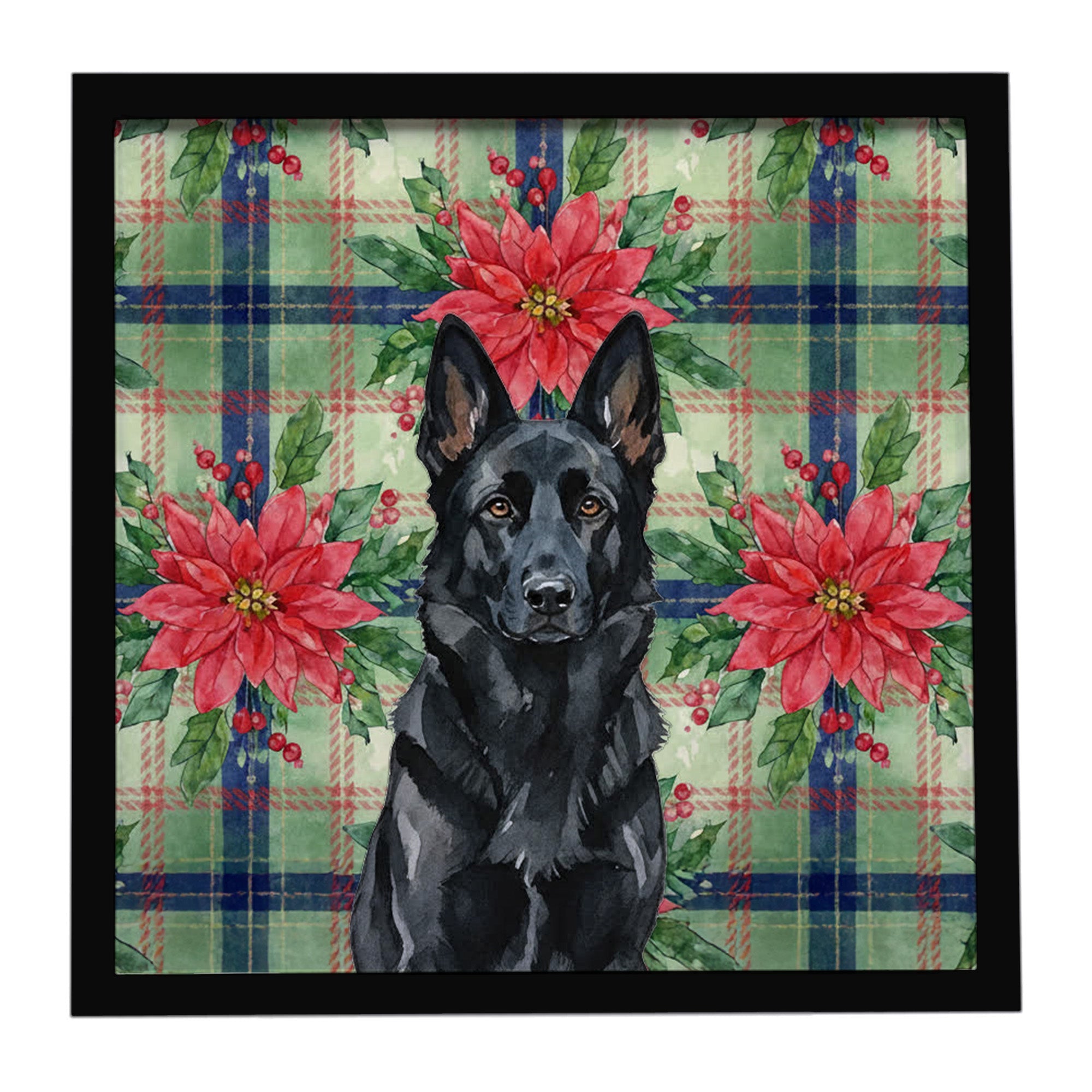 Black German Shepherd Christmas PoinsettIas Framed Metal Print Bathroom, Kitchen, Office, Home Decor Wall Art Ready to Hang, Square, 8X8