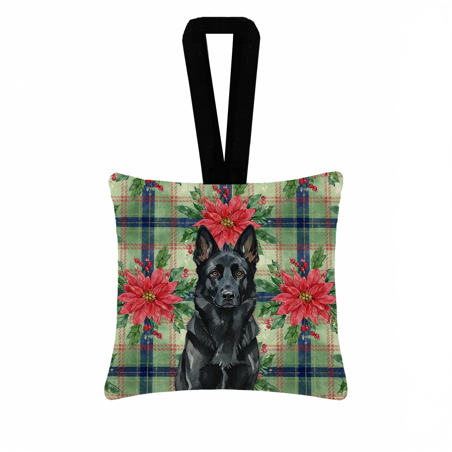 Black German Shepherd Christmas PoinsettIas Hanging Square Fabric Ornament 3.5 � 3.5 Decorative Door-Knob & Tree Hanger, Soft Fabric