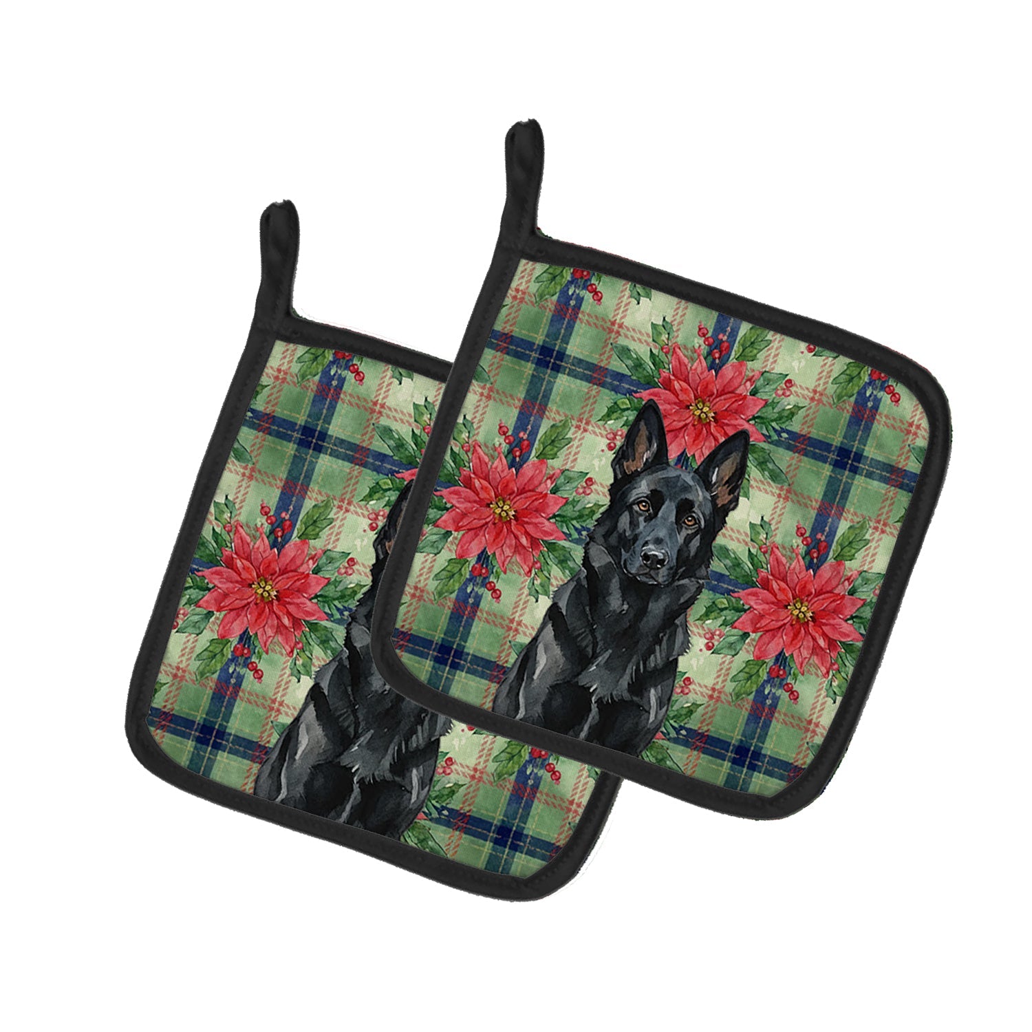 Black German Shepherd Christmas PoinsettIas Pot Holder Set of 2 Heat Resistant Quilted Hot Pads 7.5 x 7.5 Inch, Insulated Kitchen Trivets for Cooking & Baking