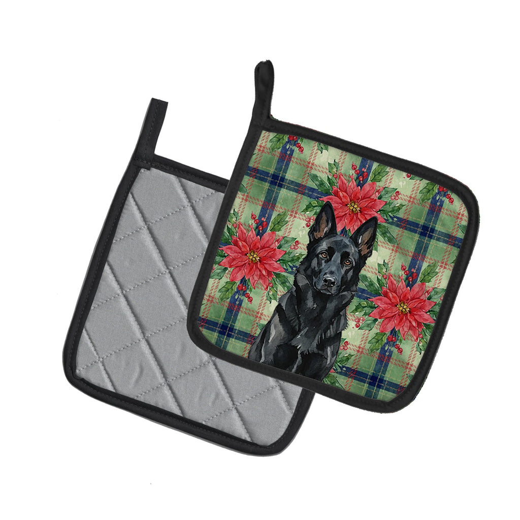 Black German Shepherd Christmas PoinsettIas Pot Holder Set of 2 Heat Resistant Quilted Hot Pads 7.5 x 7.5 Inch, Insulated Kitchen Trivets for Cooking & Baking