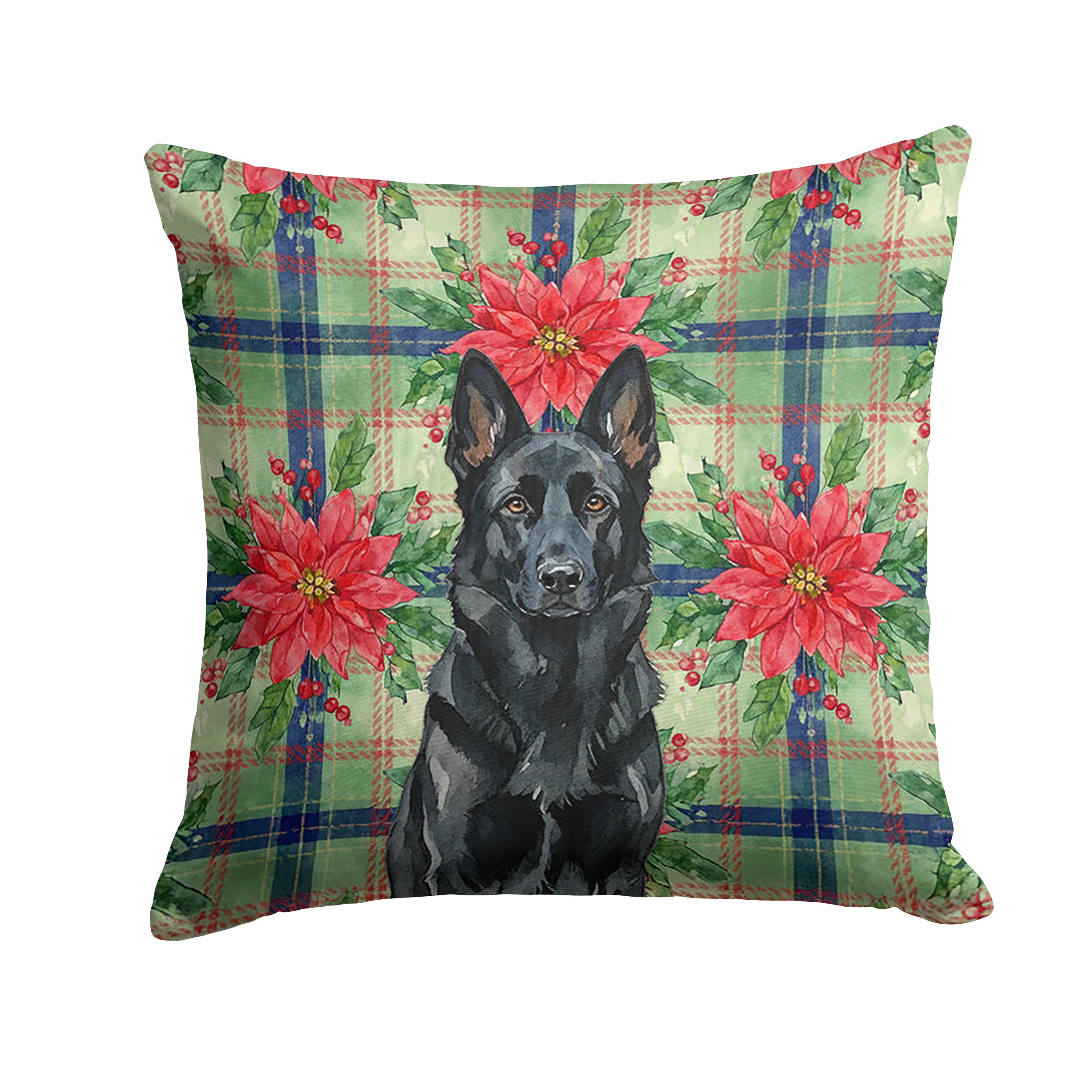 Black German Shepherd Christmas PoinsettIas Decorative Throw Pillow 18x18 Indoor Outdoor Accent Cushion, Fabric Cover with Insert for Sofa, Bed, Porch & Living Room