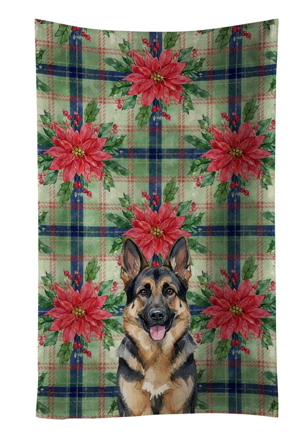 German Shepherd Christmas PoinsettIas Kitchen Towel Velour Plush Front and Cotton Loop Back Machine Washable
