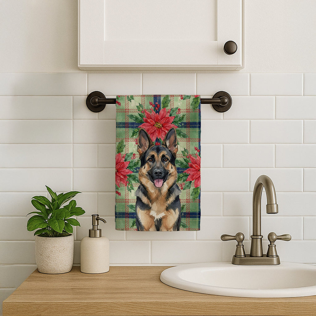 German Shepherd Christmas PoinsettIas Kitchen Towel Velour Plush Front and Cotton Loop Back Machine Washable