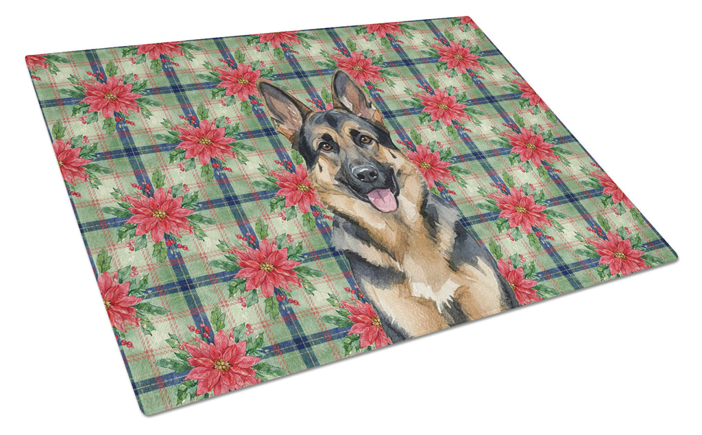 German Shepherd Christmas PoinsettIas Cutting Board Tempered Glass Kitchen Cutting Surface, Heat Resistant Chopping, Non-Slip Feet, Food Prep & Serving