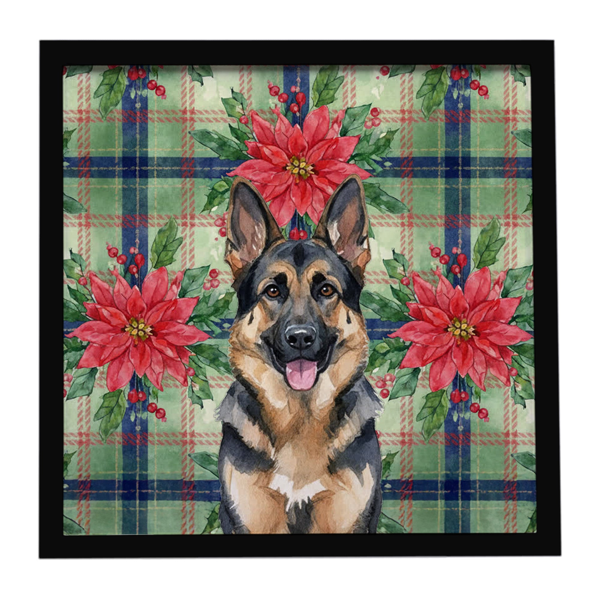 German Shepherd Christmas PoinsettIas Framed Metal Print Bathroom, Kitchen, Office, Home Decor Wall Art Ready to Hang, Square, 8X8