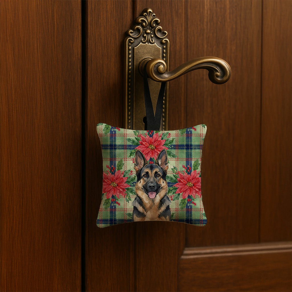 German Shepherd Christmas PoinsettIas Hanging Square Fabric Ornament 3.5 � 3.5 Decorative Door-Knob & Tree Hanger, Soft Fabric