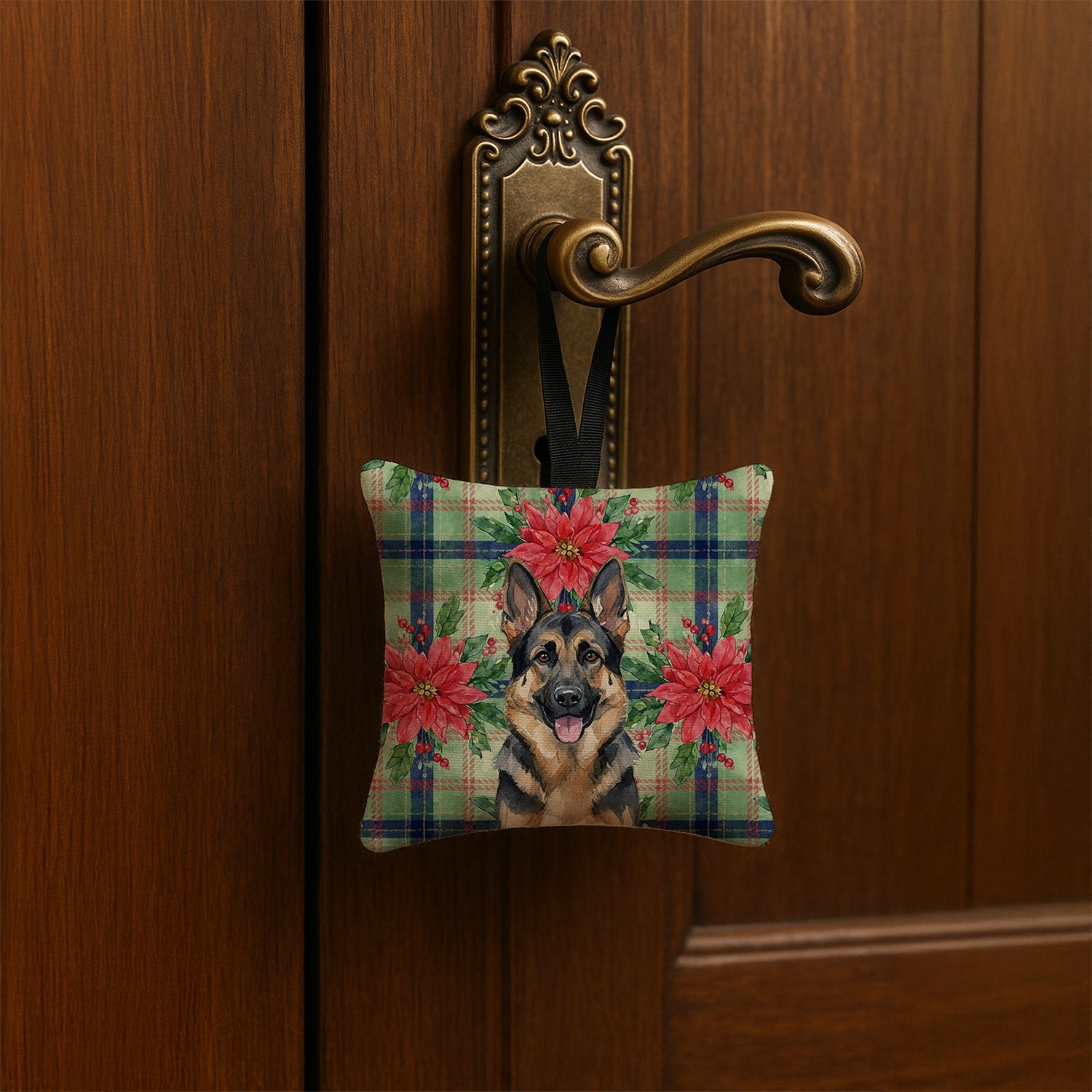 German Shepherd Christmas PoinsettIas Hanging Square Fabric Ornament 3.5 � 3.5 Decorative Door-Knob & Tree Hanger, Soft Fabric