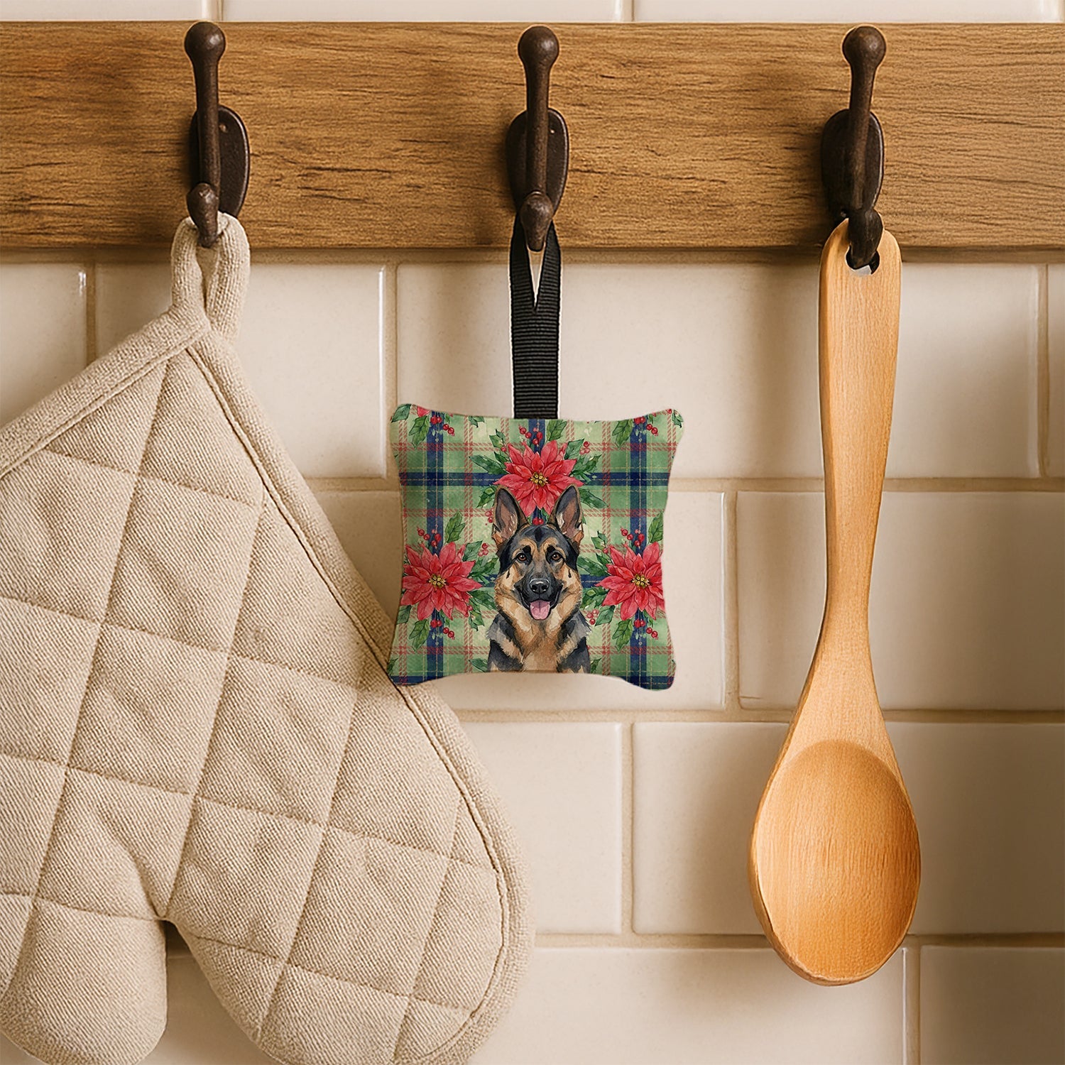 German Shepherd Christmas PoinsettIas Hanging Square Fabric Ornament 3.5 � 3.5 Decorative Door-Knob & Tree Hanger, Soft Fabric