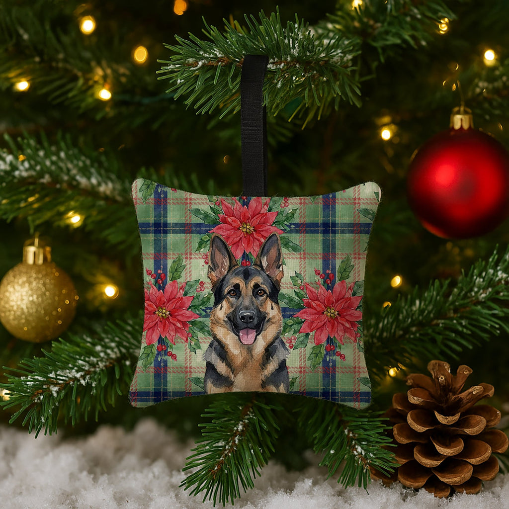 German Shepherd Christmas PoinsettIas Hanging Square Fabric Ornament 3.5 � 3.5 Decorative Door-Knob & Tree Hanger, Soft Fabric