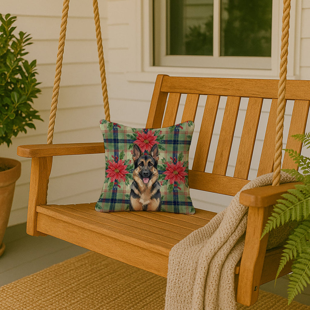 German Shepherd Christmas PoinsettIas Decorative Throw Pillow 14x14 Indoor Outdoor Accent Cushion, Fabric Cover with Insert for Sofa, Bed, Porch & Living Room