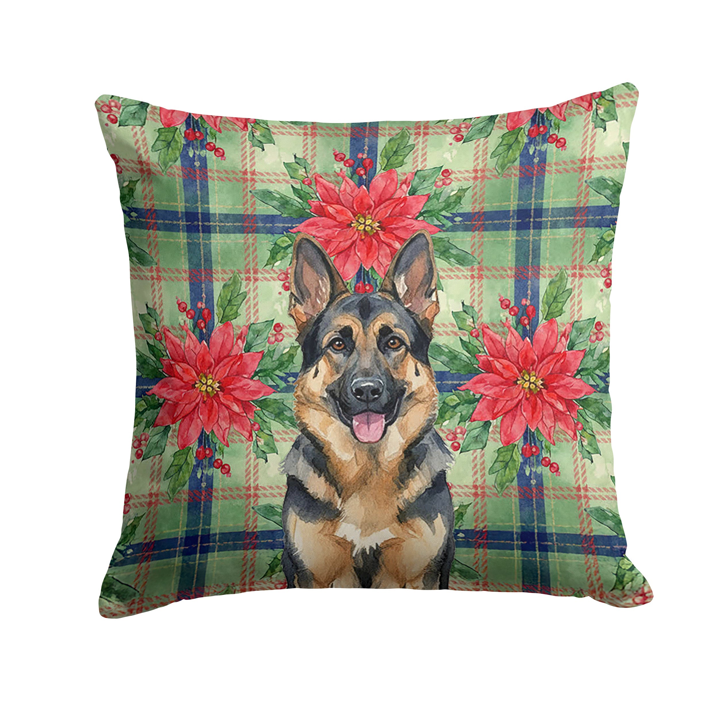 German Shepherd Christmas PoinsettIas Decorative Throw Pillow 18x18 Indoor Outdoor Accent Cushion, Fabric Cover with Insert for Sofa, Bed, Porch & Living Room