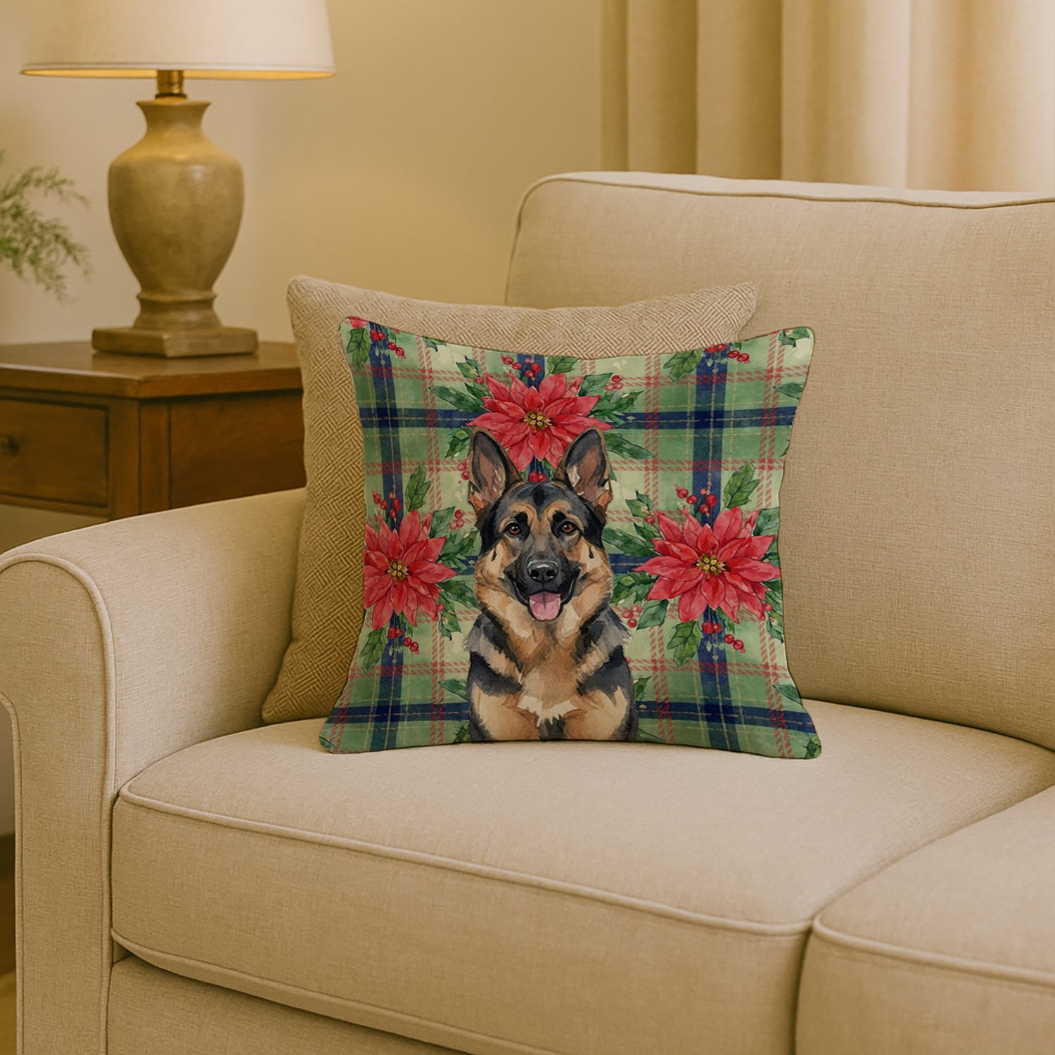 German Shepherd Christmas PoinsettIas Decorative Throw Pillow 18x18 Indoor Outdoor Accent Cushion, Fabric Cover with Insert for Sofa, Bed, Porch & Living Room