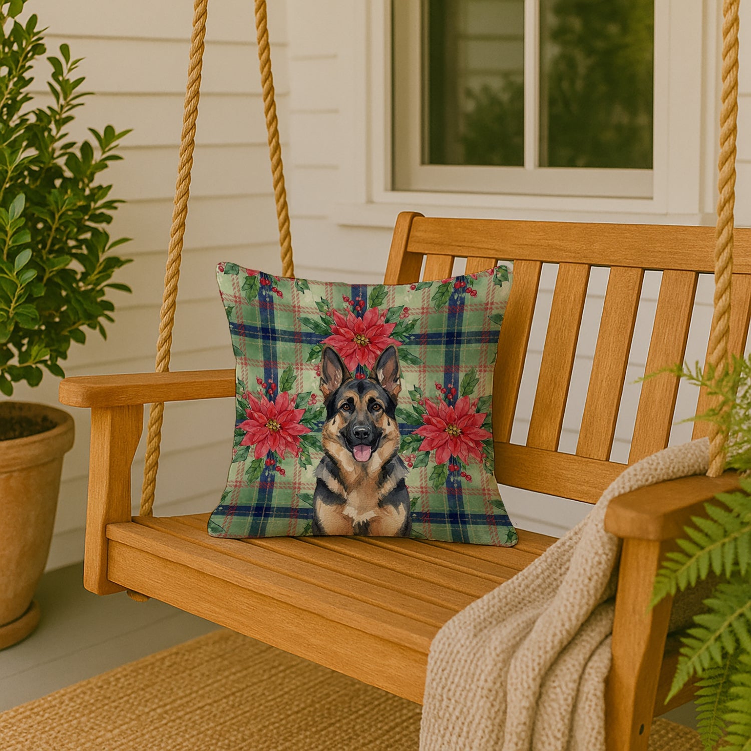German Shepherd Christmas PoinsettIas Decorative Throw Pillow 18x18 Indoor Outdoor Accent Cushion, Fabric Cover with Insert for Sofa, Bed, Porch & Living Room
