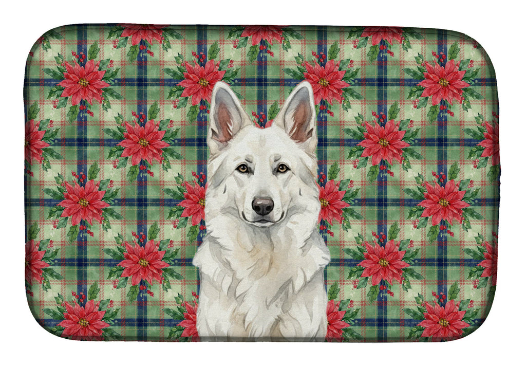 White German Shepherd Christmas PoinsettIas Dish Drying Mat Absorbent Dish Drying Mat Pad for Kitchen Counter Dish Drainer Mat for Countertop, 14 x 21", Multicolor