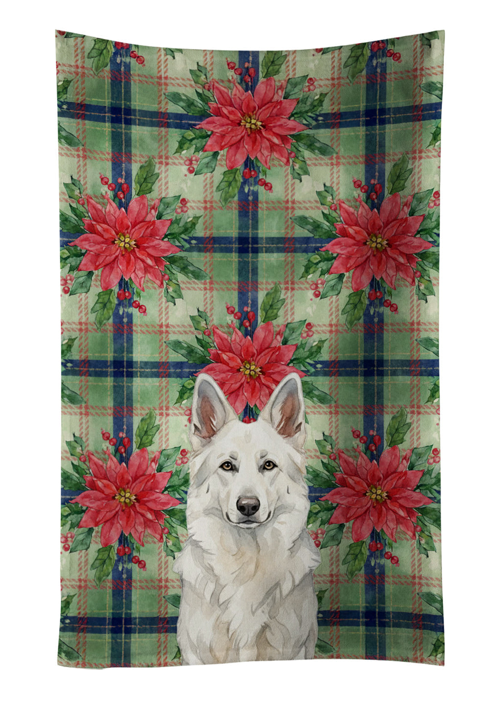 White German Shepherd Christmas PoinsettIas Kitchen Towel Velour Plush Front and Cotton Loop Back Machine Washable