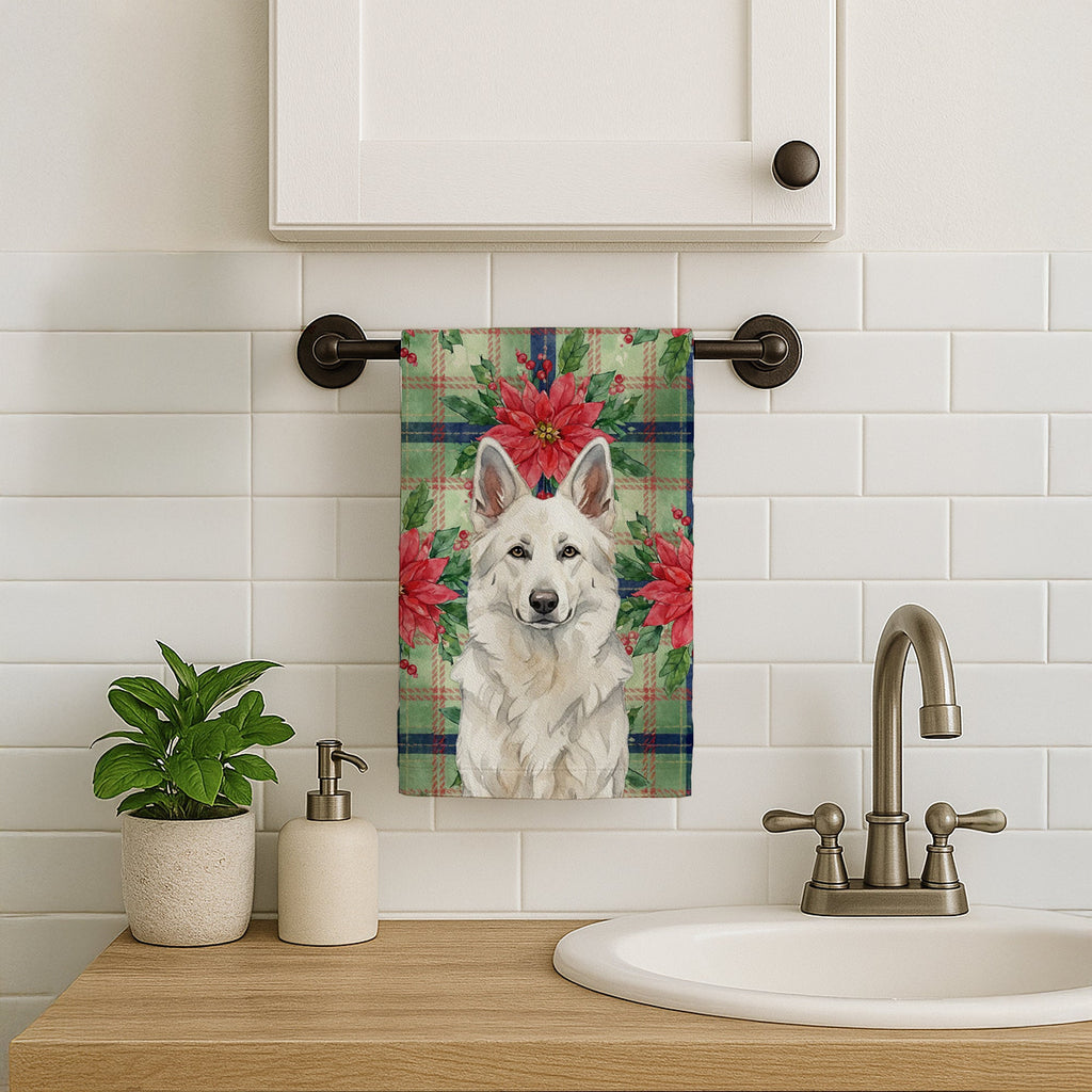 White German Shepherd Christmas PoinsettIas Kitchen Towel Velour Plush Front and Cotton Loop Back Machine Washable