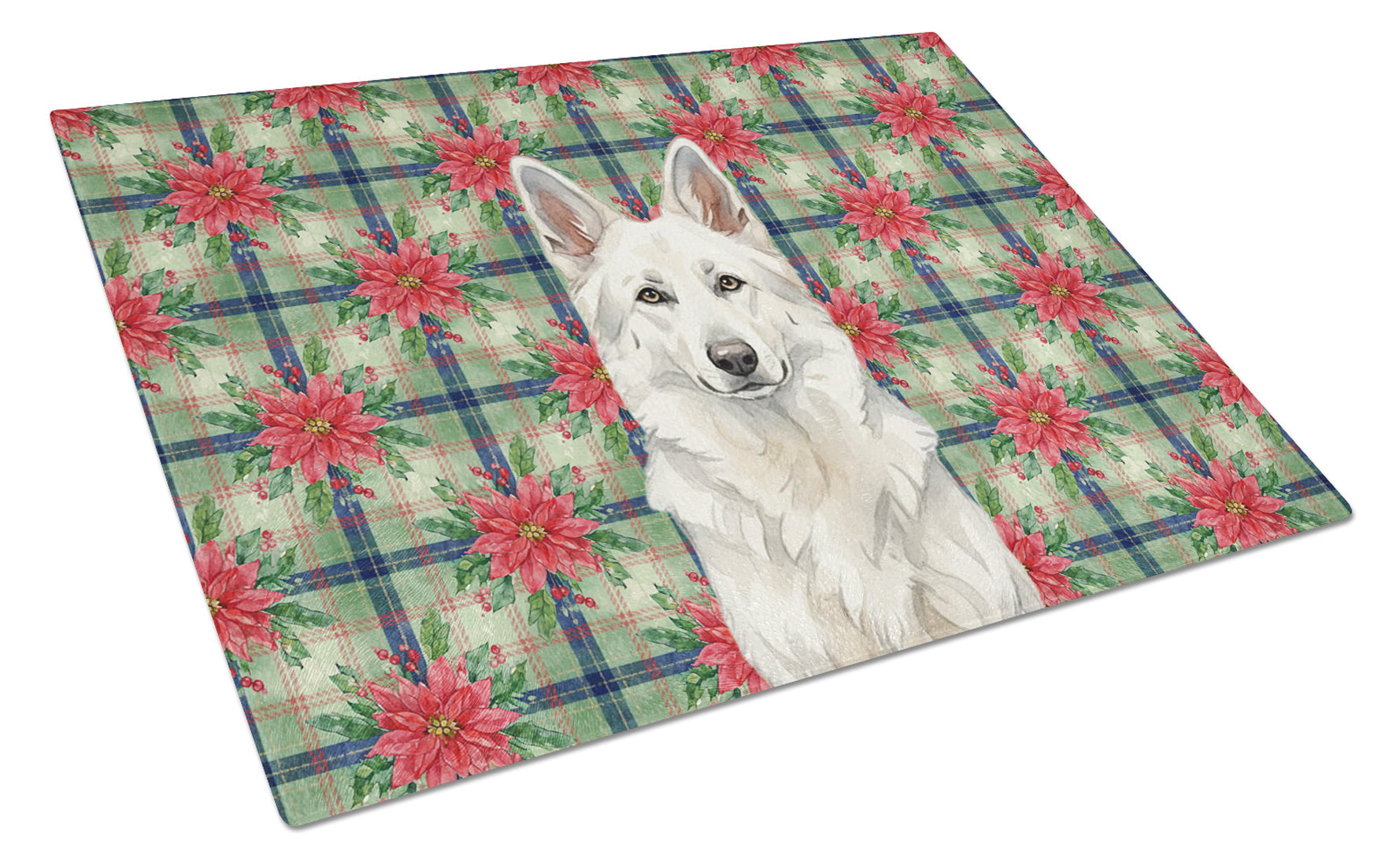White German Shepherd Christmas PoinsettIas Cutting Board Tempered Glass Kitchen Cutting Surface, Heat Resistant Chopping, Non-Slip Feet, Food Prep & Serving