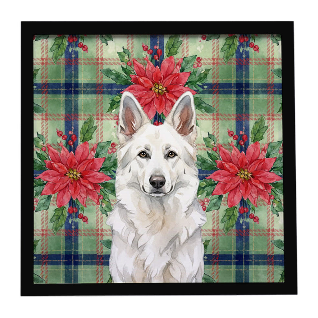 White German Shepherd Christmas PoinsettIas Framed Metal Print Bathroom, Kitchen, Office, Home Decor Wall Art Ready to Hang, Square, 8X8