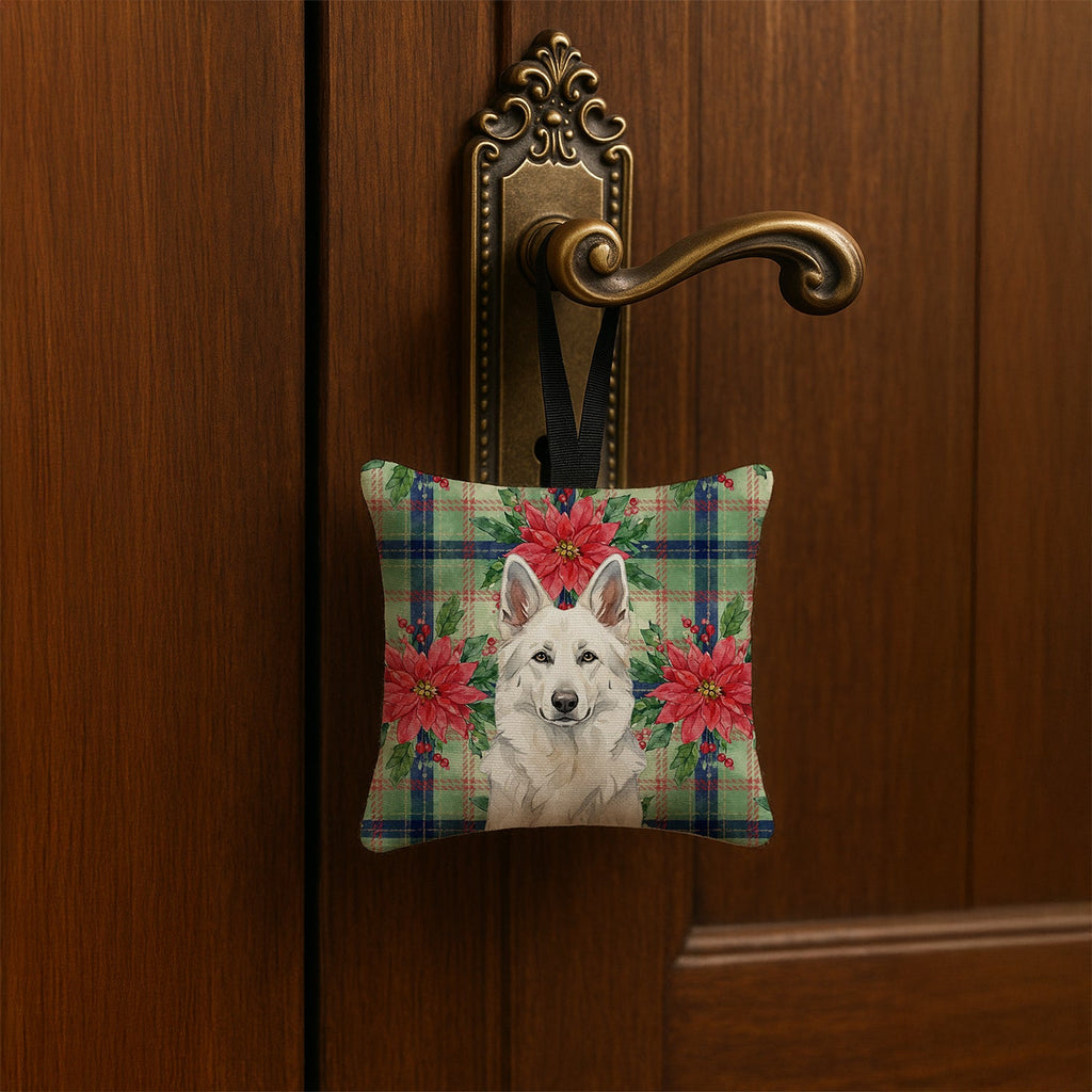 White German Shepherd Christmas PoinsettIas Hanging Square Fabric Ornament 3.5 � 3.5 Decorative Door-Knob & Tree Hanger, Soft Fabric