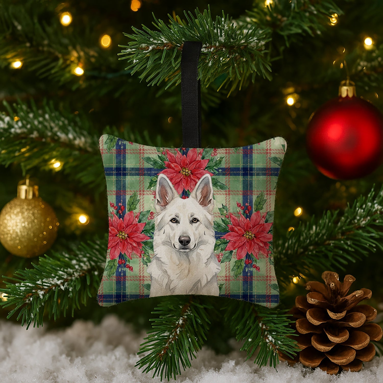 White German Shepherd Christmas PoinsettIas Hanging Square Fabric Ornament 3.5 � 3.5 Decorative Door-Knob & Tree Hanger, Soft Fabric