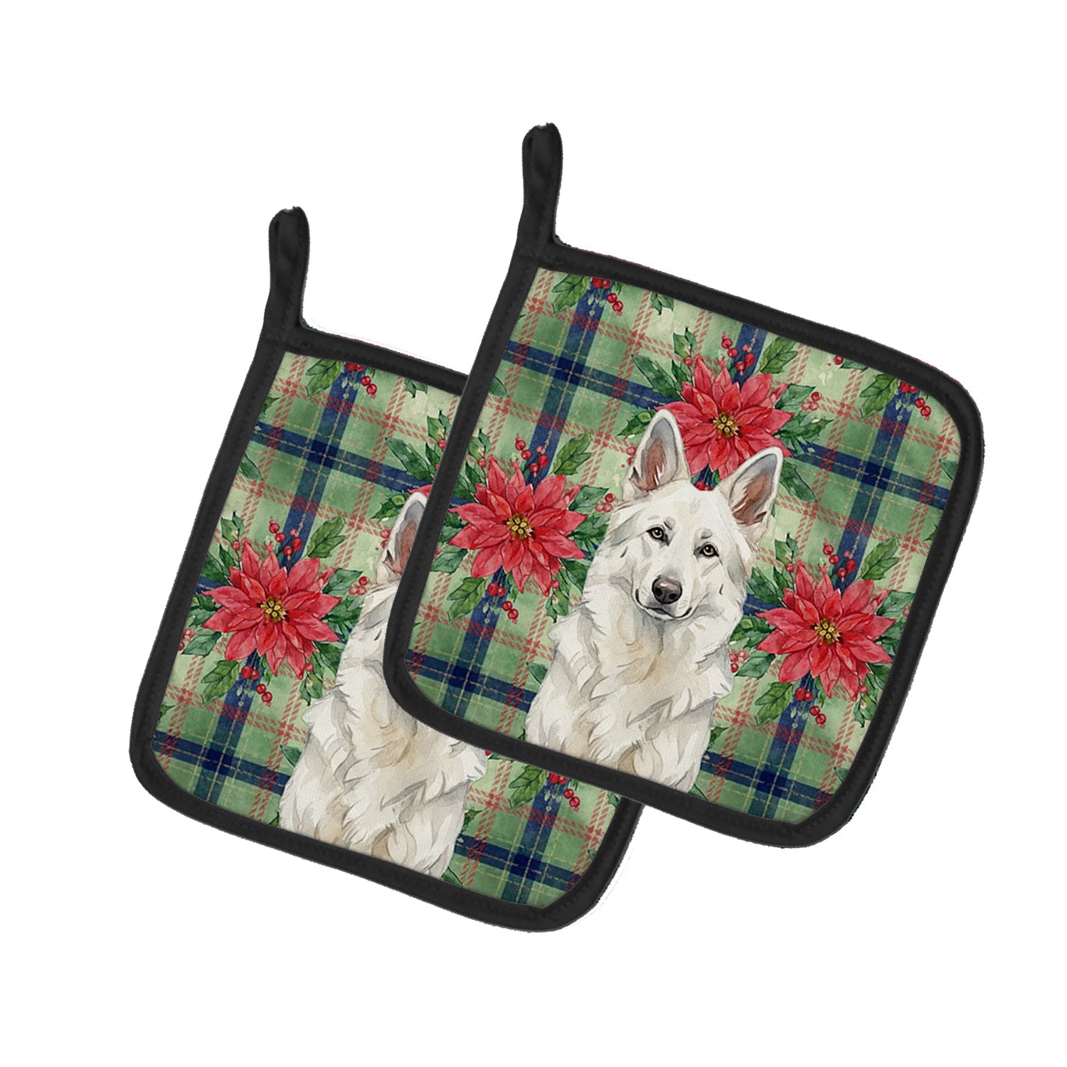 White German Shepherd Christmas PoinsettIas Pot Holder Set of 2 Heat Resistant Quilted Hot Pads 7.5 x 7.5 Inch, Insulated Kitchen Trivets for Cooking & Baking