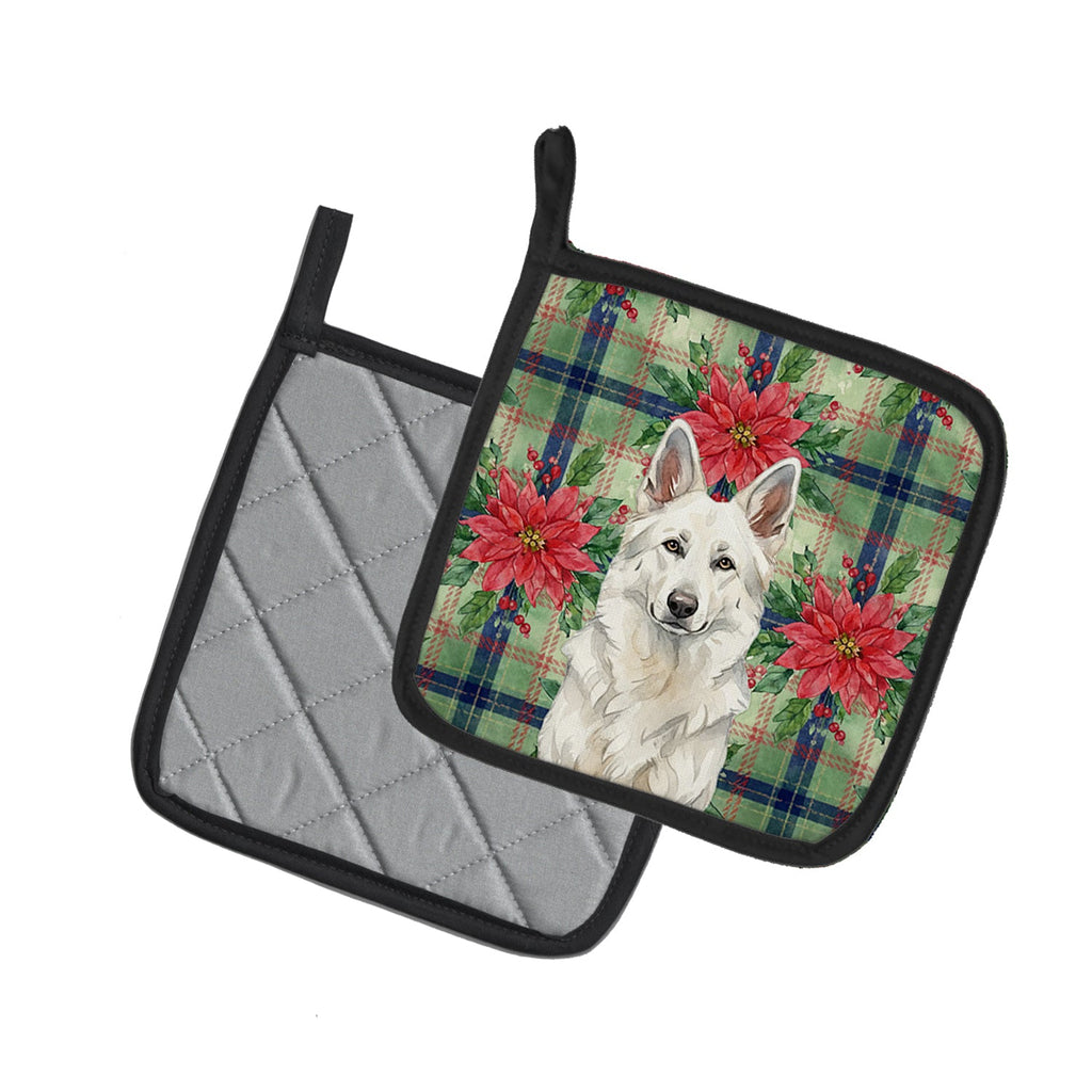 White German Shepherd Christmas PoinsettIas Pot Holder Set of 2 Heat Resistant Quilted Hot Pads 7.5 x 7.5 Inch, Insulated Kitchen Trivets for Cooking & Baking