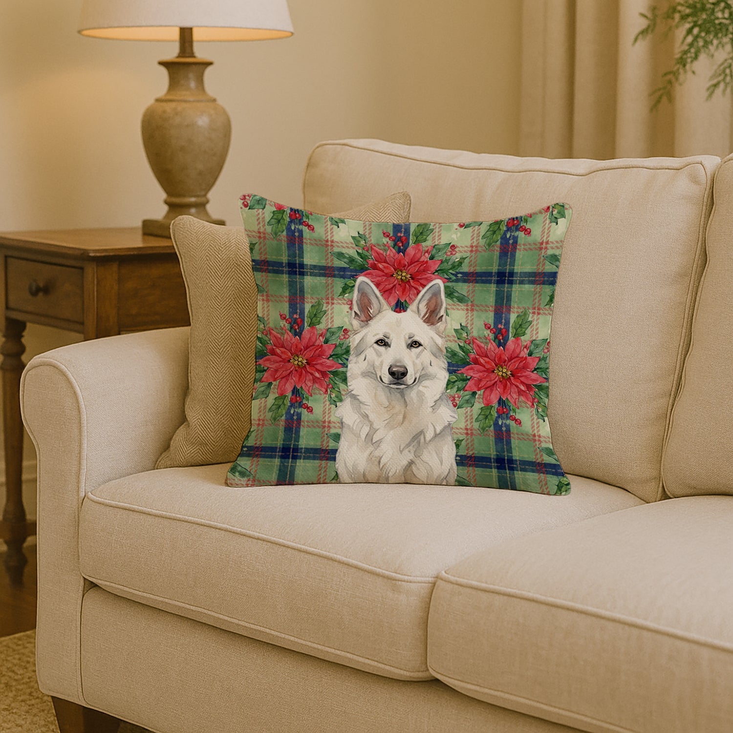 White German Shepherd Christmas PoinsettIas Decorative Throw Pillow 14x14 Indoor Outdoor Accent Cushion, Fabric Cover with Insert for Sofa, Bed, Porch & Living Room