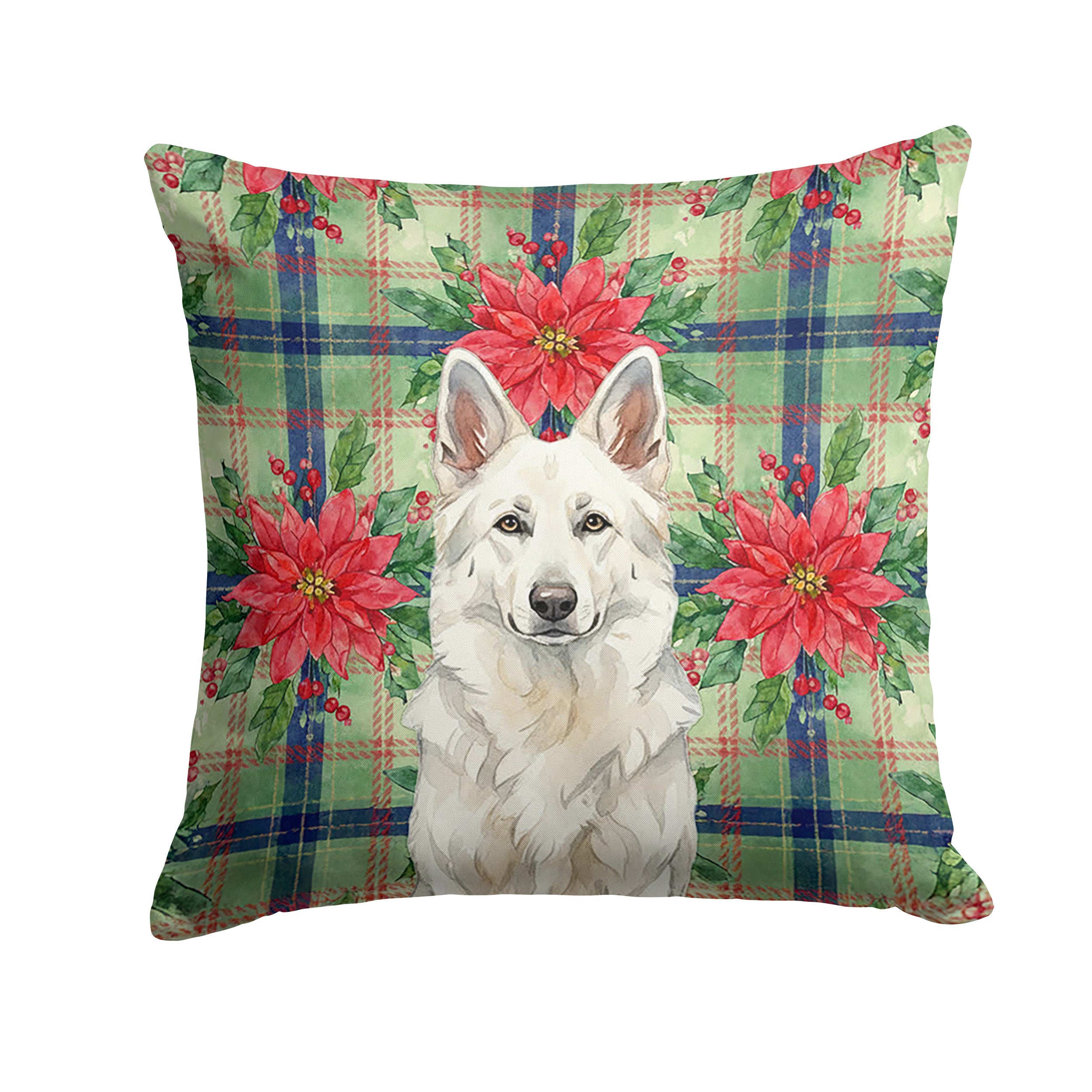 White German Shepherd Christmas PoinsettIas Decorative Throw Pillow 18x18 Indoor Outdoor Accent Cushion, Fabric Cover with Insert for Sofa, Bed, Porch & Living Room