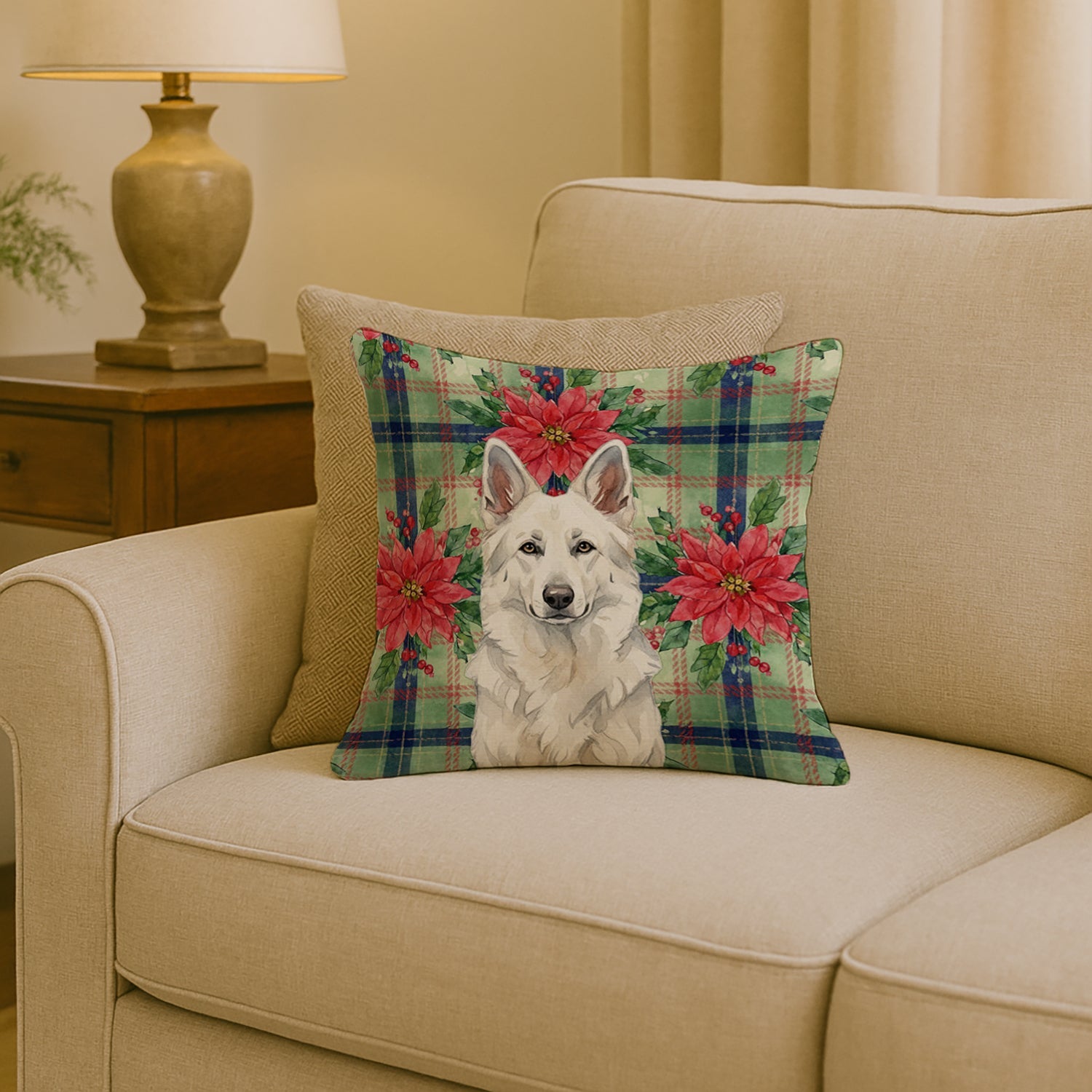White German Shepherd Christmas PoinsettIas Decorative Throw Pillow 18x18 Indoor Outdoor Accent Cushion, Fabric Cover with Insert for Sofa, Bed, Porch & Living Room