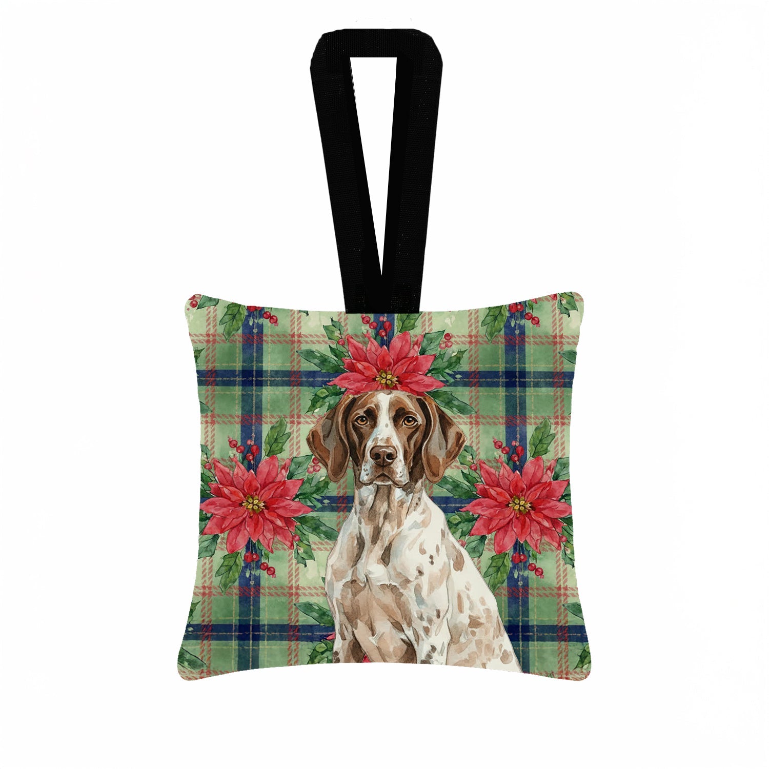 German Shorthaired Pointer Christmas PoinsettIas Hanging Square Fabric Ornament 3.5 � 3.5 Decorative Door-Knob & Tree Hanger, Soft Fabric