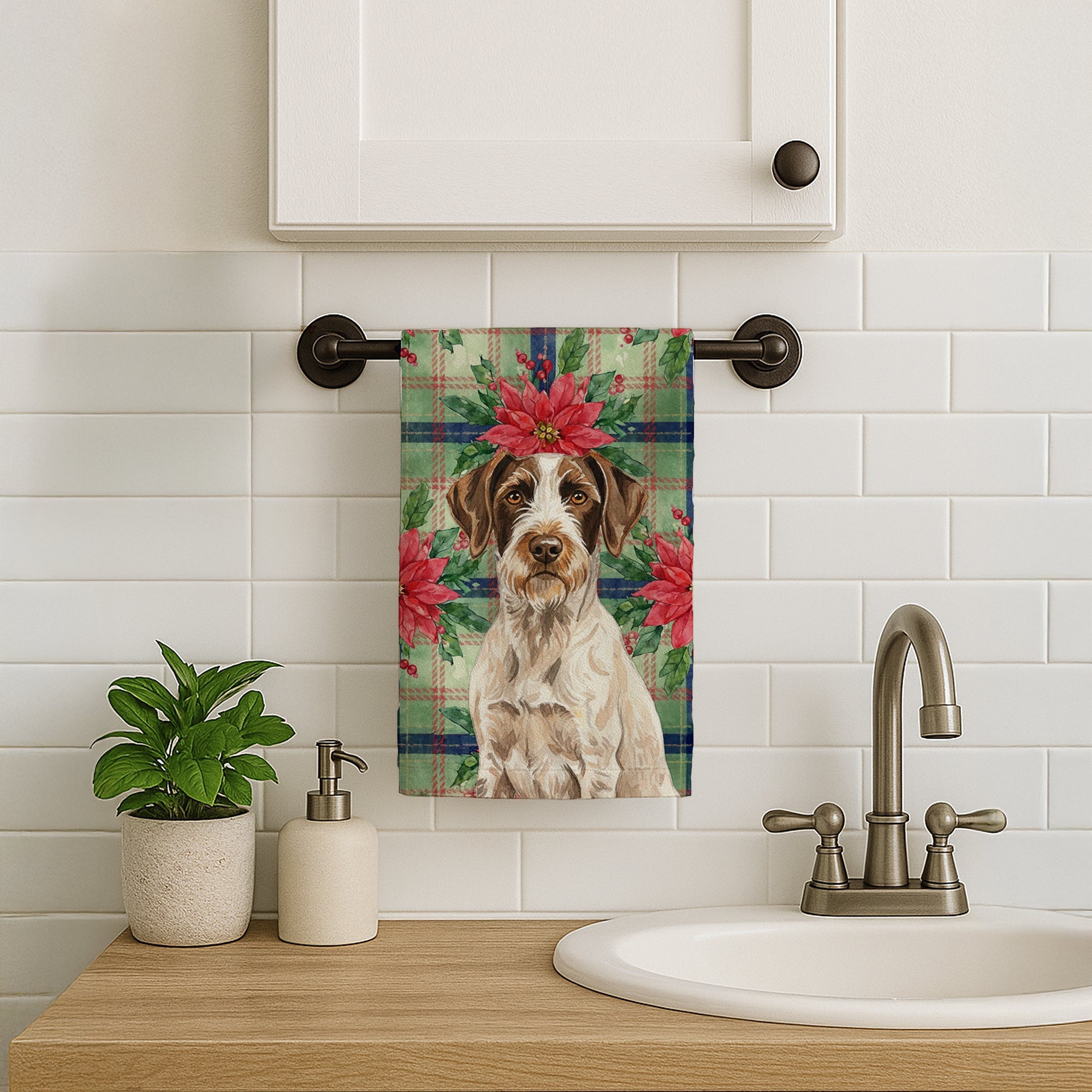 Liver and White German Wirehaired Pointer Christmas PoinsettIas Kitchen Towel Velour Plush Front and Cotton Loop Back Machine Washable