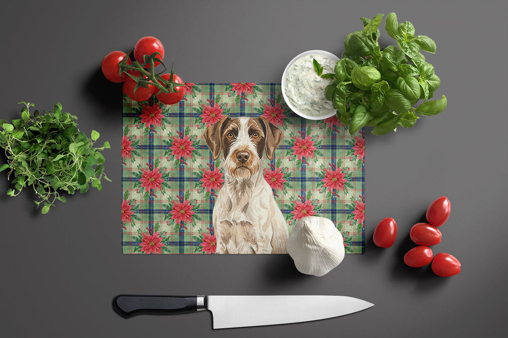 Liver and White German Wirehaired Pointer Christmas PoinsettIas Cutting Board Tempered Glass Kitchen Cutting Surface, Heat Resistant Chopping, Non-Slip Feet, Food Prep & Serving