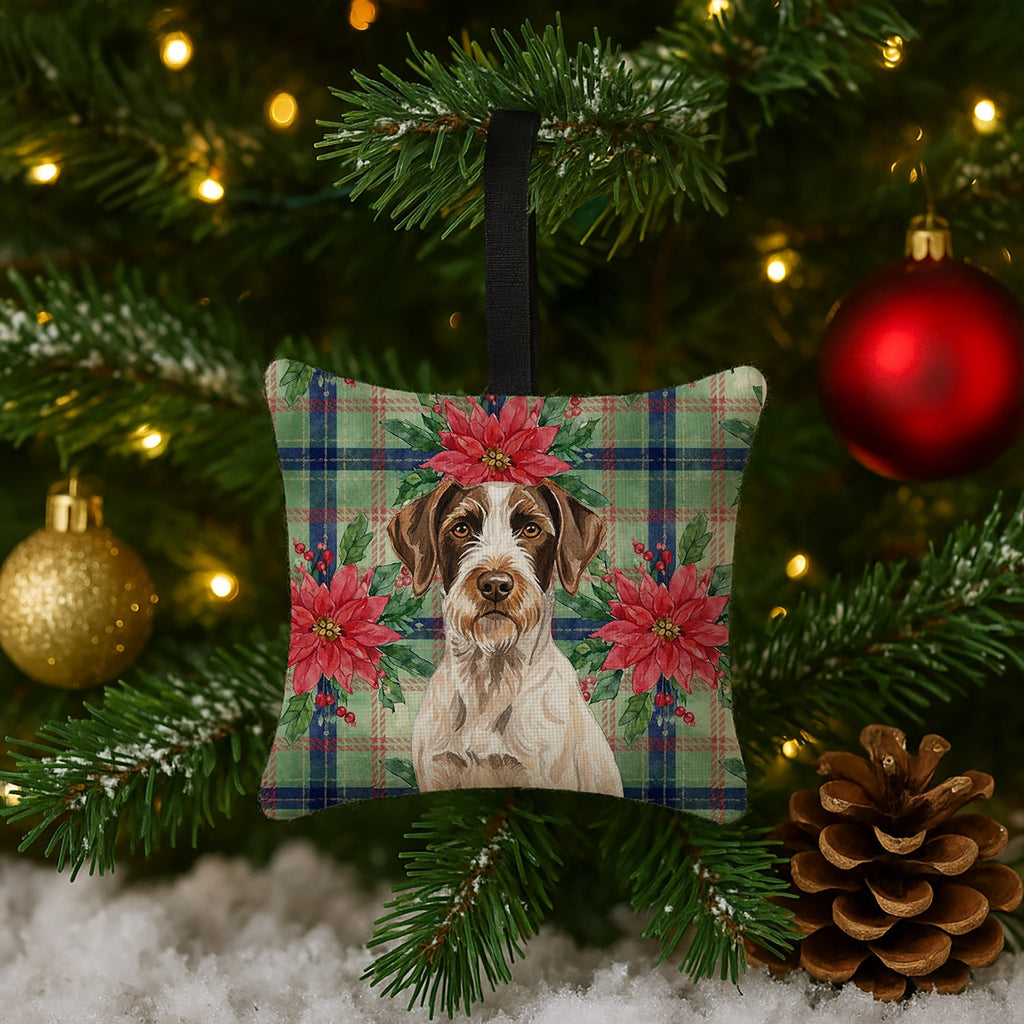 Liver and White German Wirehaired Pointer Christmas PoinsettIas Hanging Square Fabric Ornament 3.5 � 3.5 Decorative Door-Knob & Tree Hanger, Soft Fabric