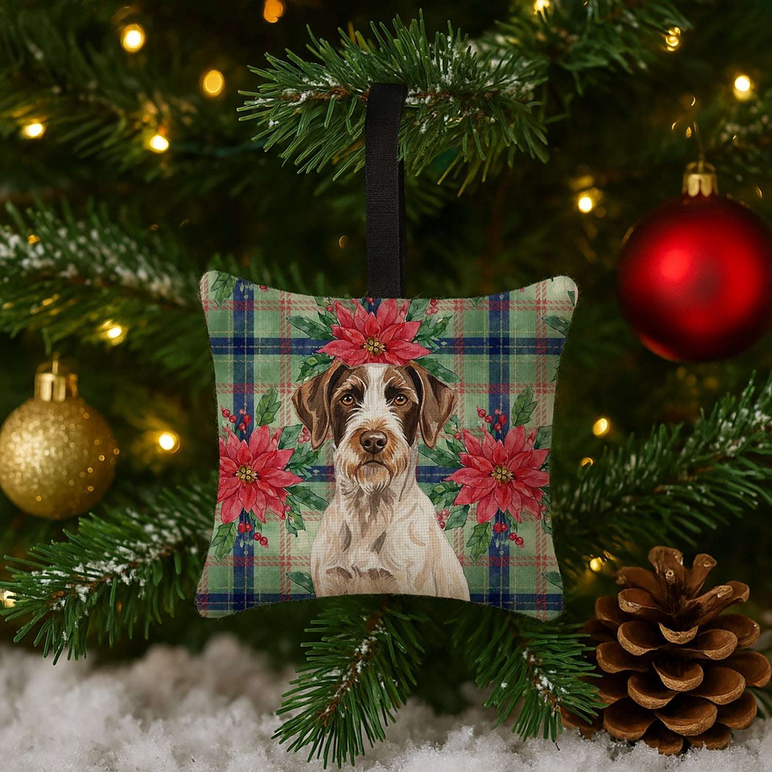 Liver and White German Wirehaired Pointer Christmas PoinsettIas Hanging Square Fabric Ornament 3.5 � 3.5 Decorative Door-Knob & Tree Hanger, Soft Fabric