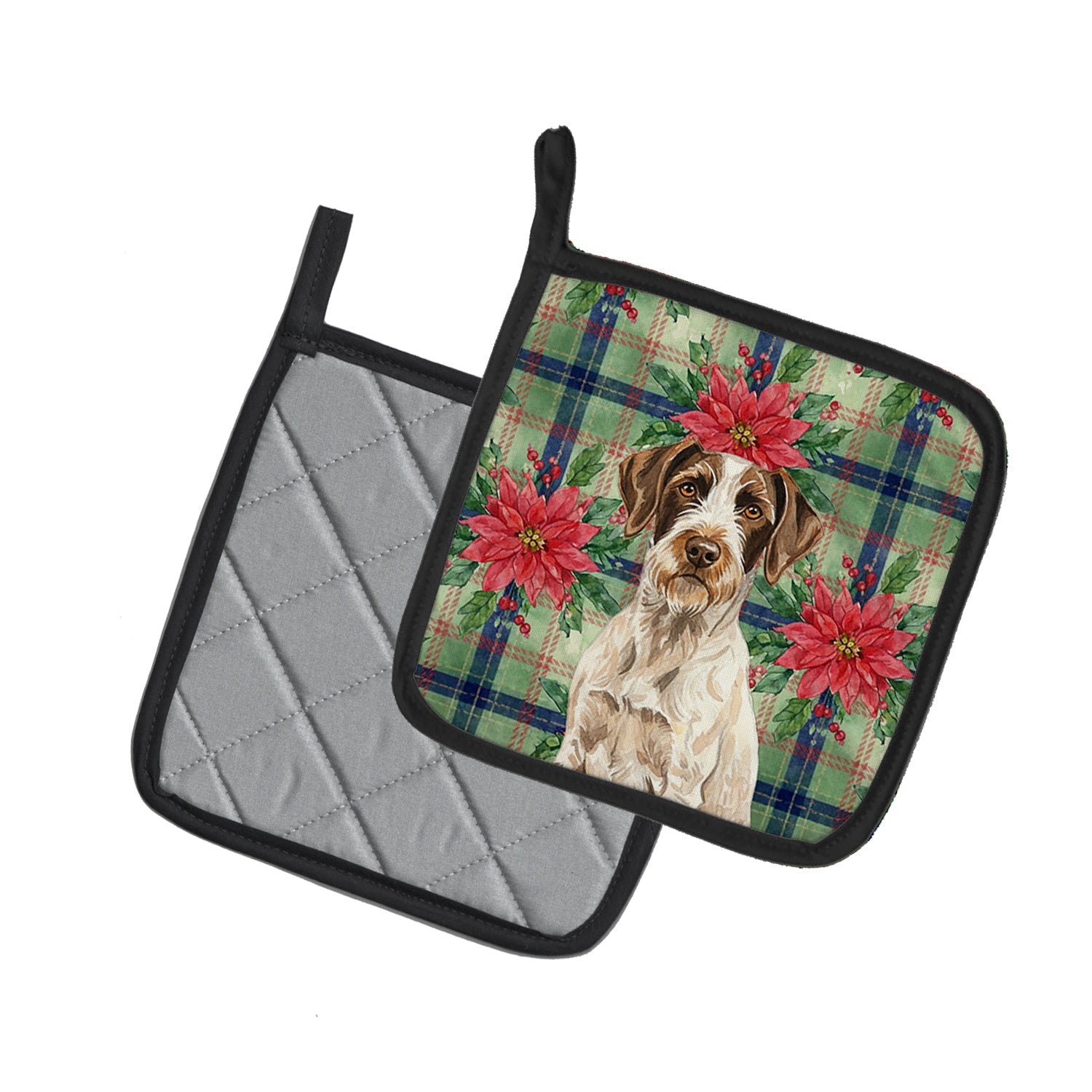 Liver and White German Wirehaired Pointer Christmas PoinsettIas Pot Holder Set of 2 Heat Resistant Quilted Hot Pads 7.5 x 7.5 Inch, Insulated Kitchen Trivets for Cooking & Baking