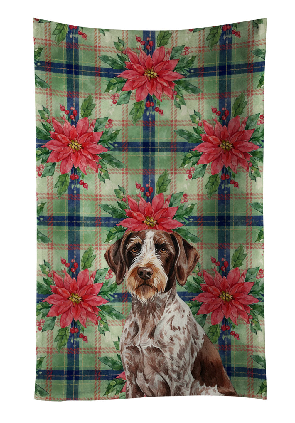 Roan German Wirehaired Pointer Christmas PoinsettIas Kitchen Towel Velour Plush Front and Cotton Loop Back Machine Washable