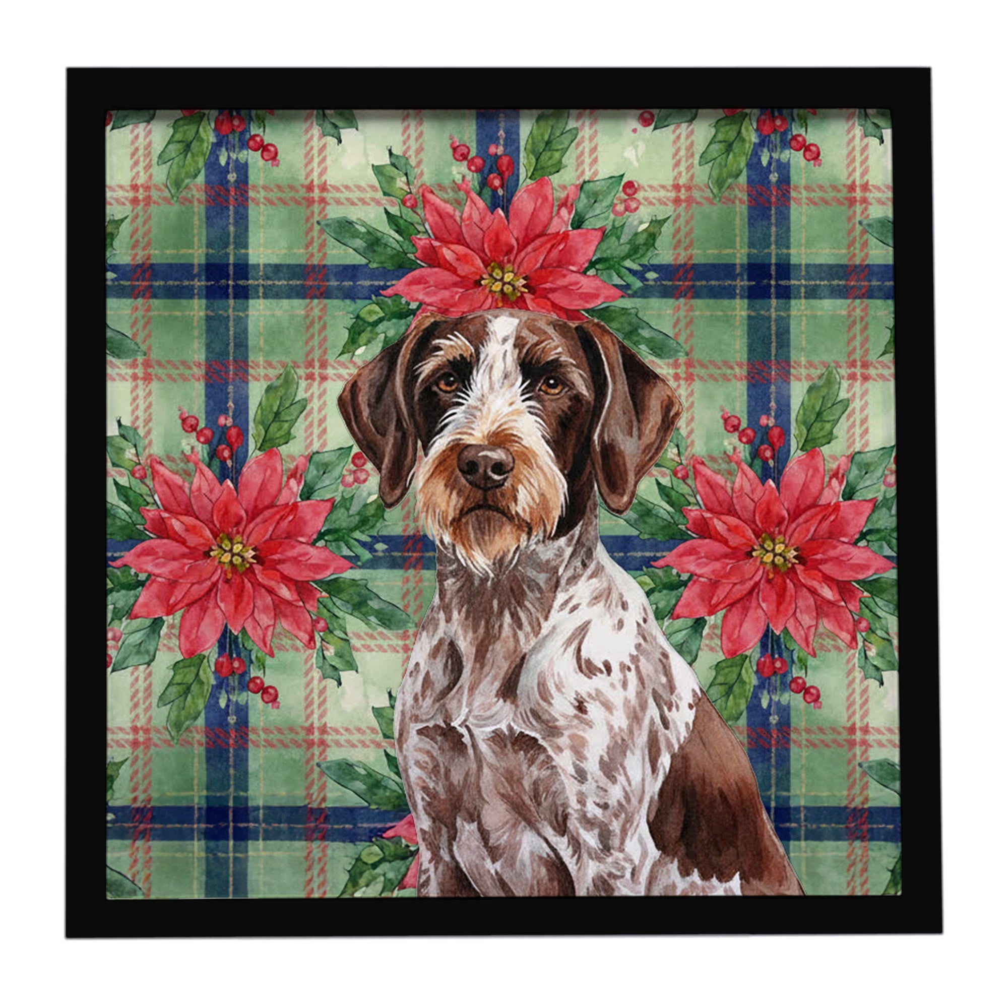 Roan German Wirehaired Pointer Christmas PoinsettIas Framed Metal Print Bathroom, Kitchen, Office, Home Decor Wall Art Ready to Hang, Square, 8X8