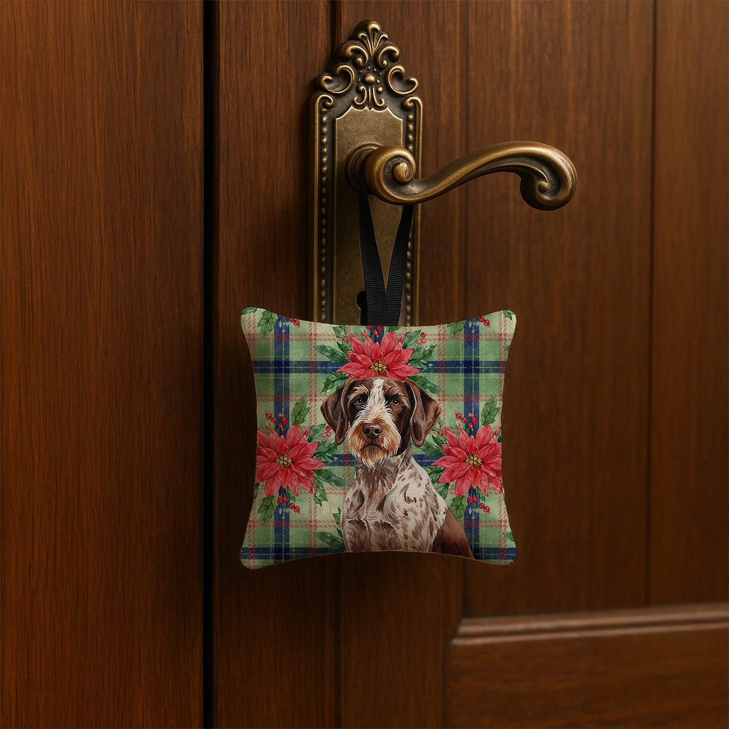 Roan German Wirehaired Pointer Christmas PoinsettIas Hanging Square Fabric Ornament 3.5 � 3.5 Decorative Door-Knob & Tree Hanger, Soft Fabric