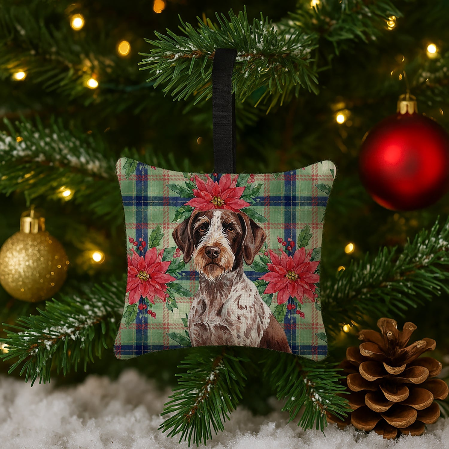 Roan German Wirehaired Pointer Christmas PoinsettIas Hanging Square Fabric Ornament 3.5 � 3.5 Decorative Door-Knob & Tree Hanger, Soft Fabric