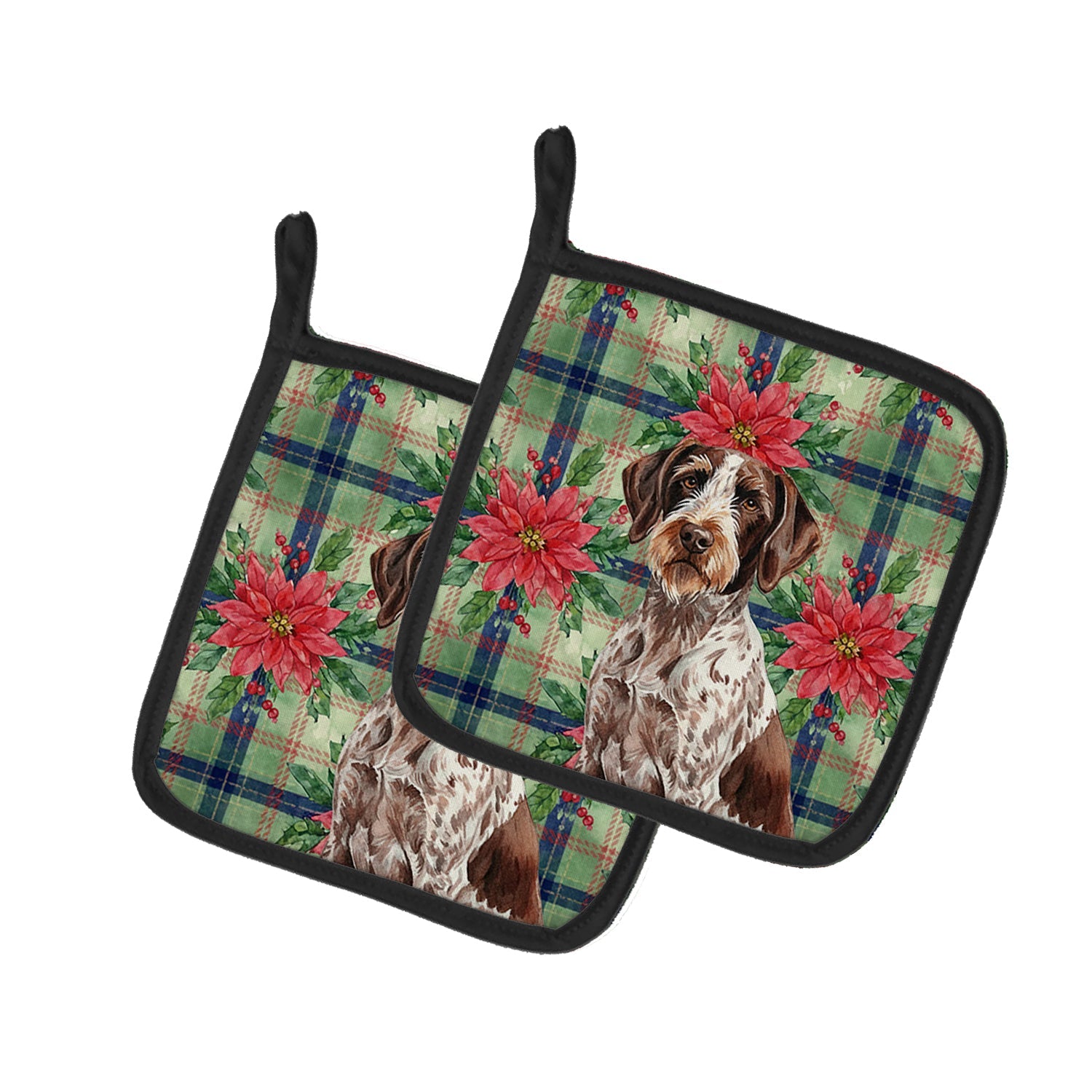 Roan German Wirehaired Pointer Christmas PoinsettIas Pot Holder Set of 2 Heat Resistant Quilted Hot Pads 7.5 x 7.5 Inch, Insulated Kitchen Trivets for Cooking & Baking