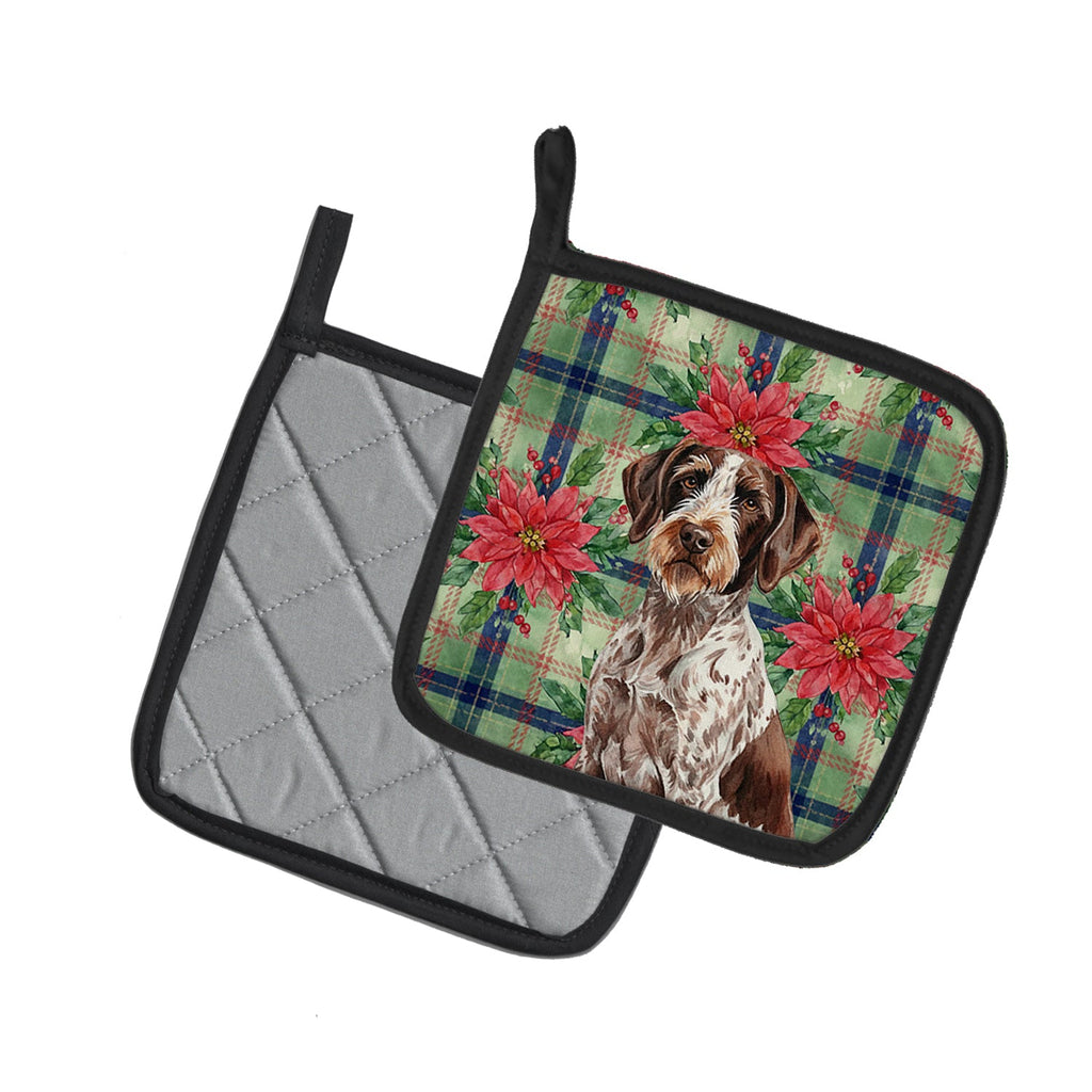 Roan German Wirehaired Pointer Christmas PoinsettIas Pot Holder Set of 2 Heat Resistant Quilted Hot Pads 7.5 x 7.5 Inch, Insulated Kitchen Trivets for Cooking & Baking