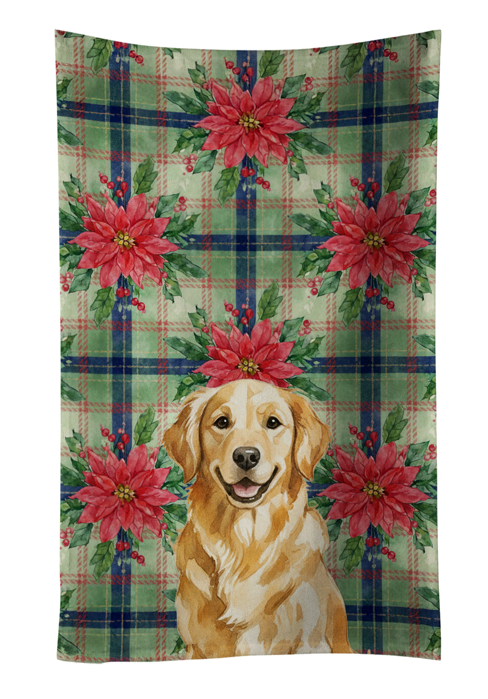 Golden Retriever Christmas PoinsettIas Kitchen Towel Velour Plush Front and Cotton Loop Back Machine Washable