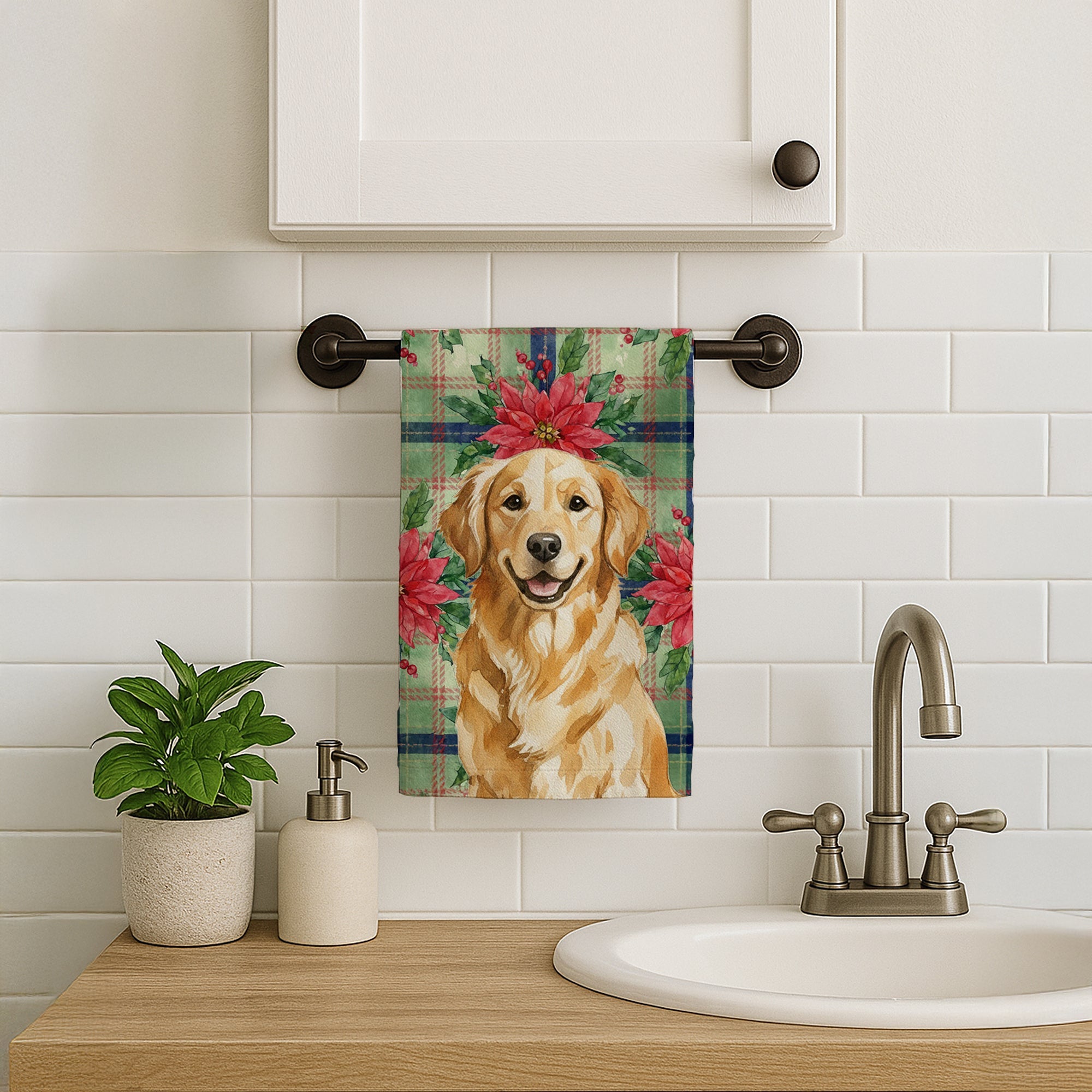 Golden Retriever Christmas PoinsettIas Kitchen Towel Velour Plush Front and Cotton Loop Back Machine Washable