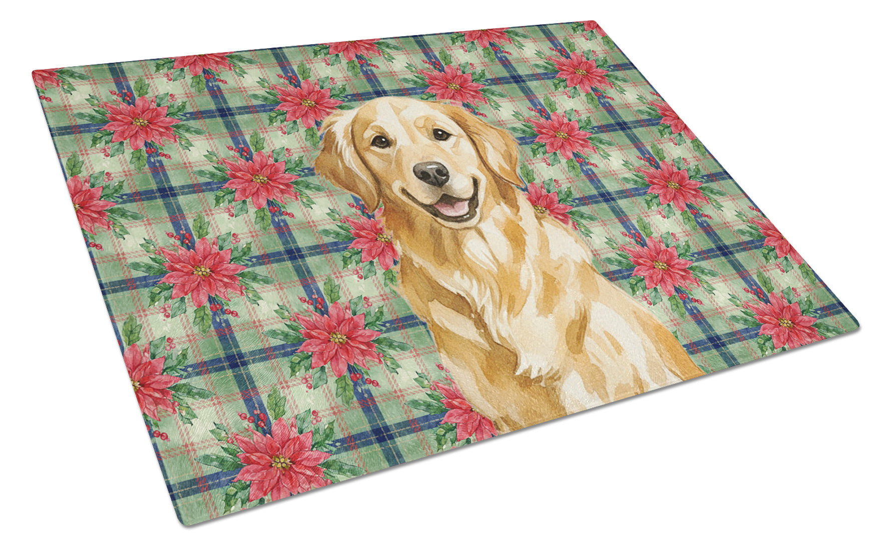 Golden Retriever Christmas PoinsettIas Cutting Board Tempered Glass Kitchen Cutting Surface, Heat Resistant Chopping, Non-Slip Feet, Food Prep & Serving