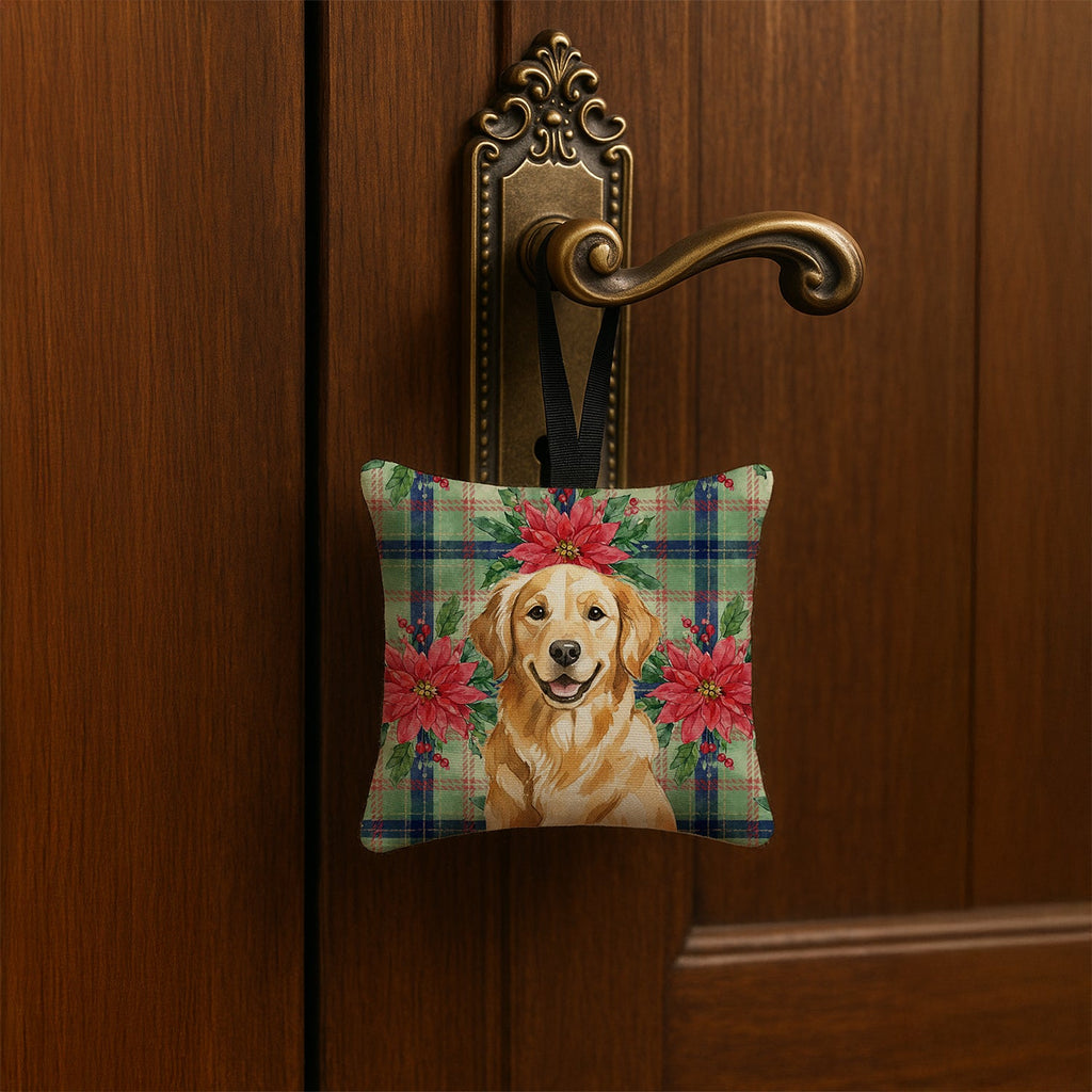 Golden Retriever Christmas PoinsettIas Hanging Square Fabric Ornament 3.5 � 3.5 Decorative Door-Knob & Tree Hanger, Soft Fabric